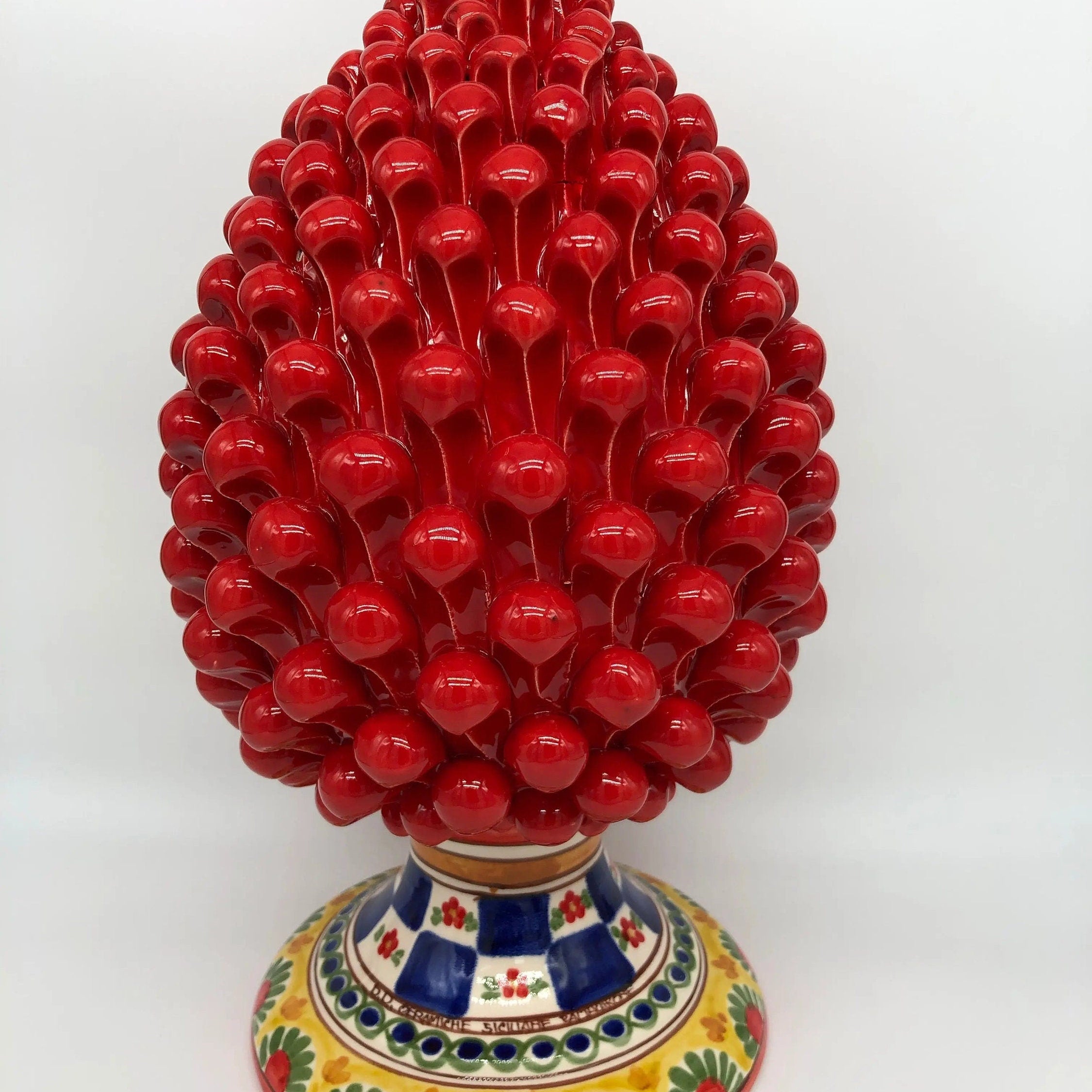 Pigna Ceramica Caltagirone cm H.35 Artigianale Rosso Base Decorata 2021 DD CERAMICHE SICILIANE