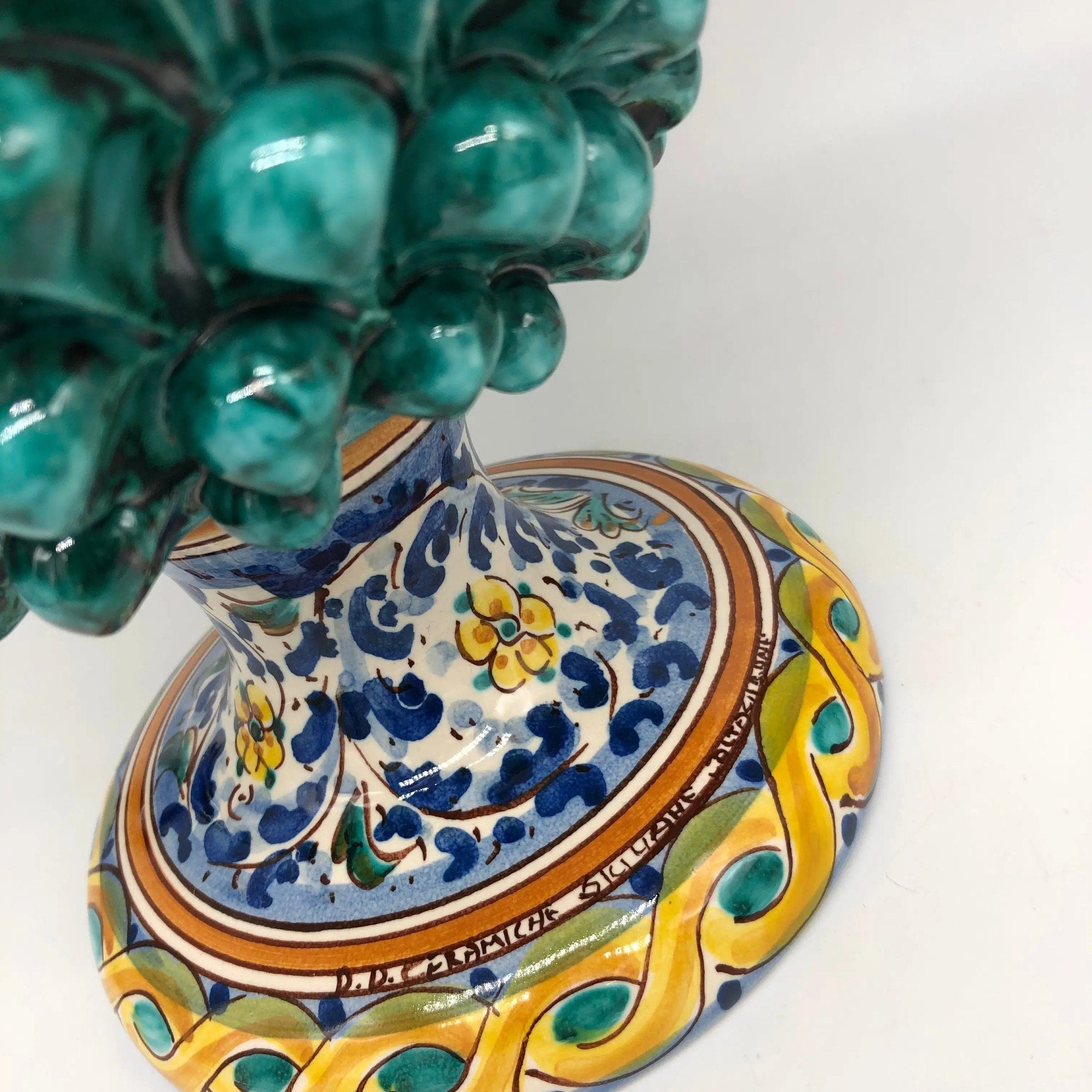 Pigna Ceramica Caltagirone cm H.35 Artigianale Verde Acqua Base Decorata Fiori DD CERAMICHE SICILIANE