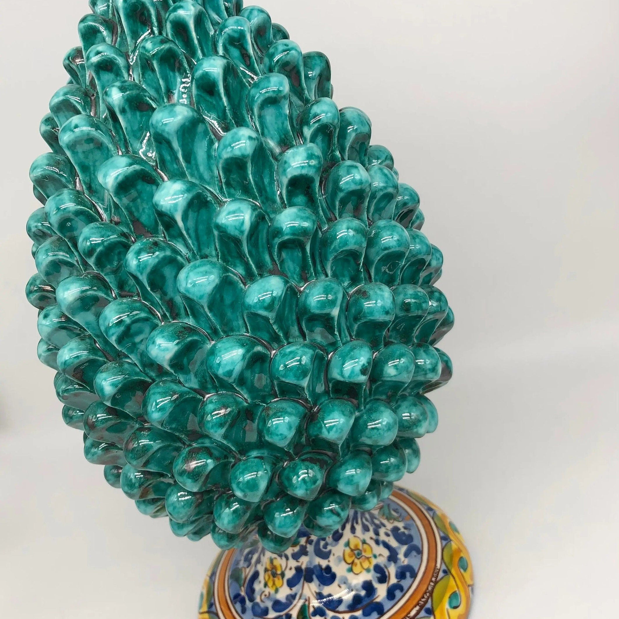 Pigna Ceramica Caltagirone cm H.35 Artigianale Verde Acqua Base Decorata Fiori DD CERAMICHE SICILIANE