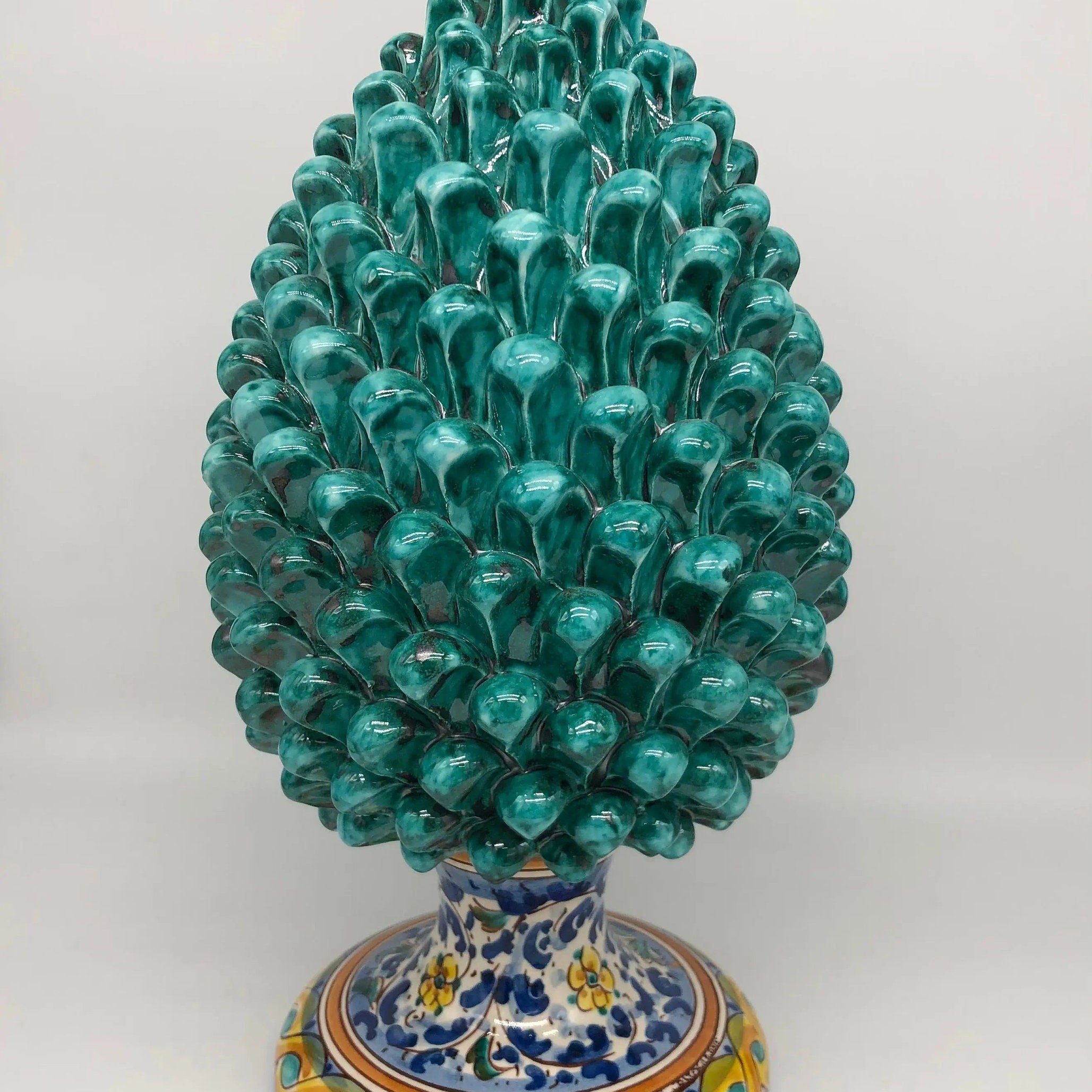 Pigna Ceramica Caltagirone cm H.35 Artigianale Verde Acqua Base Decorata Fiori DD CERAMICHE SICILIANE