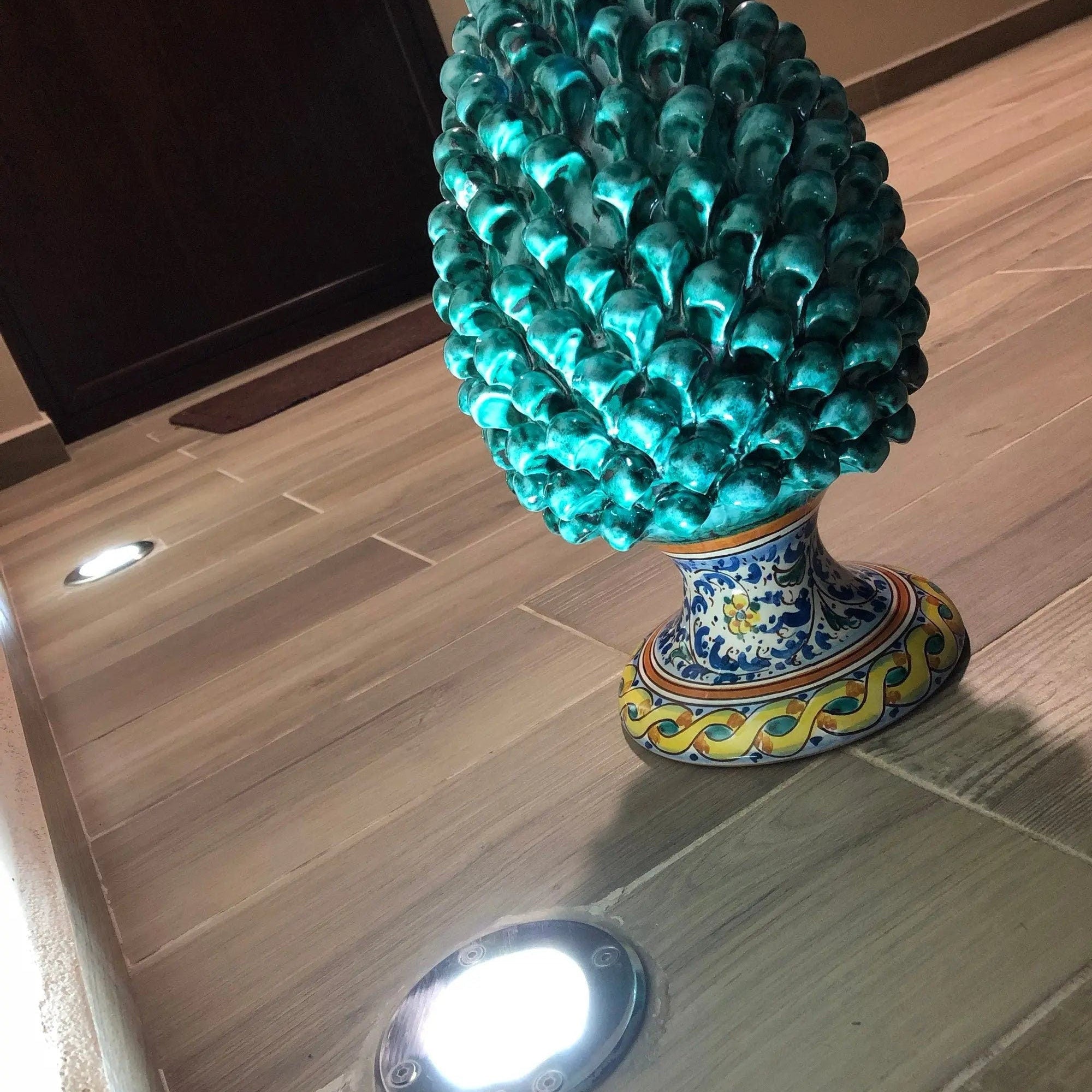 Pigna Ceramica Caltagirone cm H.35 Artigianale Verde Acqua Base Decorata Fiori DD CERAMICHE SICILIANE