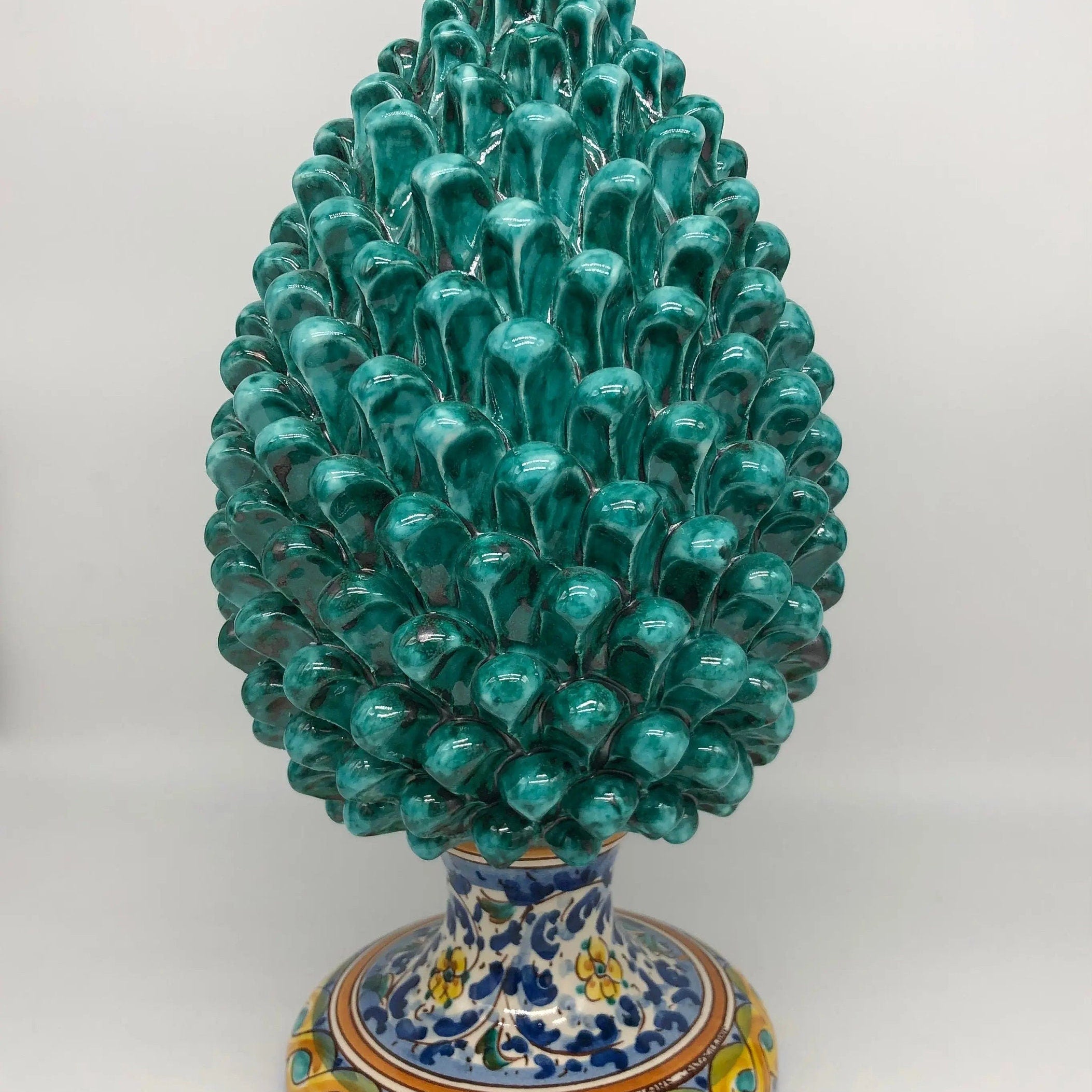Pigna Ceramica Caltagirone cm H.35 Artigianale Verde Acqua Base Decorata Fiori DD CERAMICHE SICILIANE