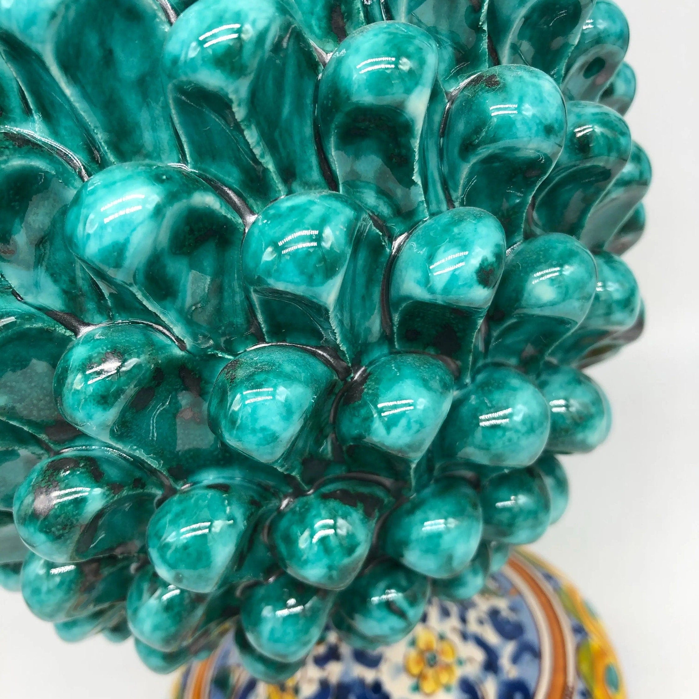 Pigna Ceramica Caltagirone cm H.35 Artigianale Verde Acqua Base Decorata Fiori DD CERAMICHE SICILIANE