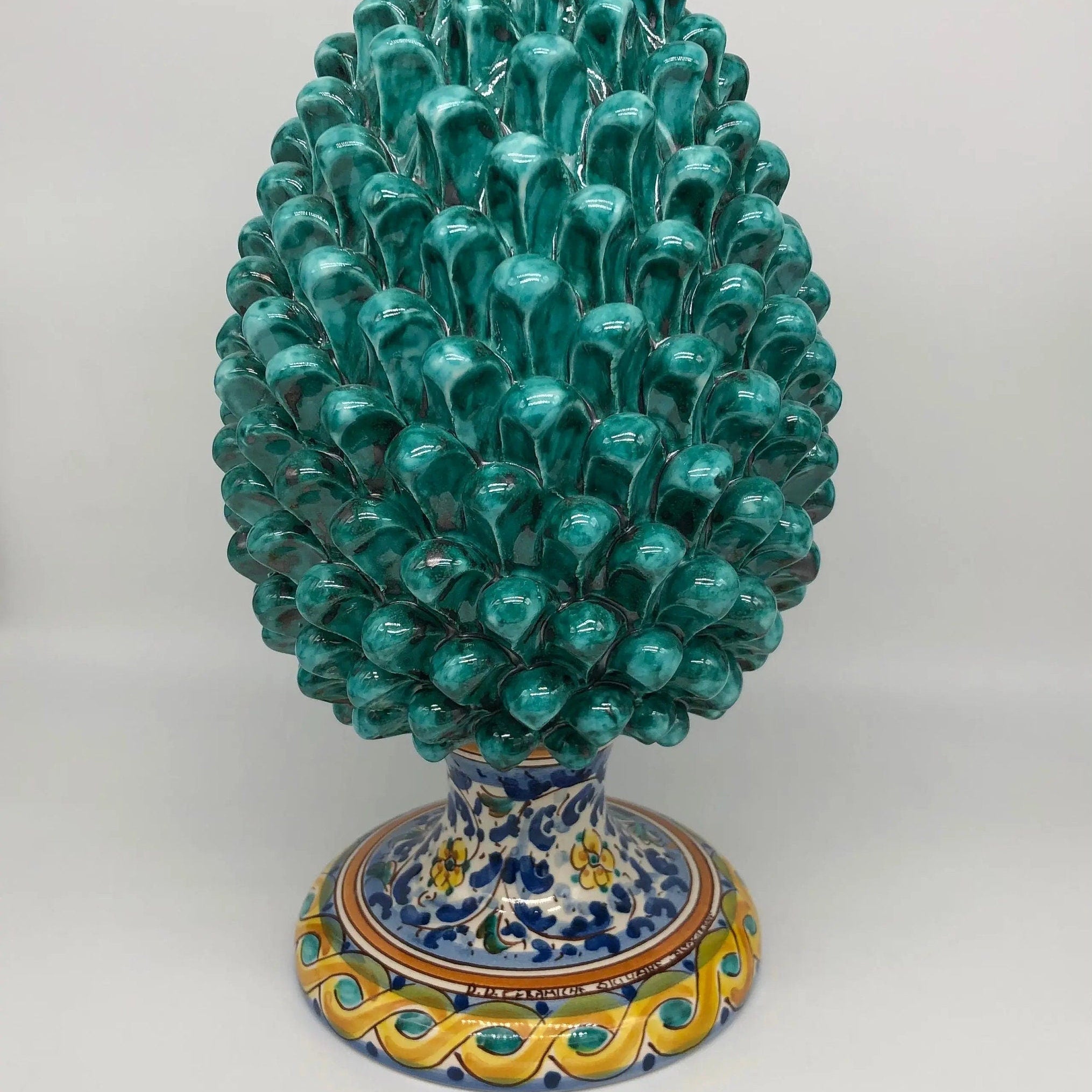 Pigna Ceramica Caltagirone cm H.35 Artigianale Verde Acqua Base Decorata Fiori DD CERAMICHE SICILIANE