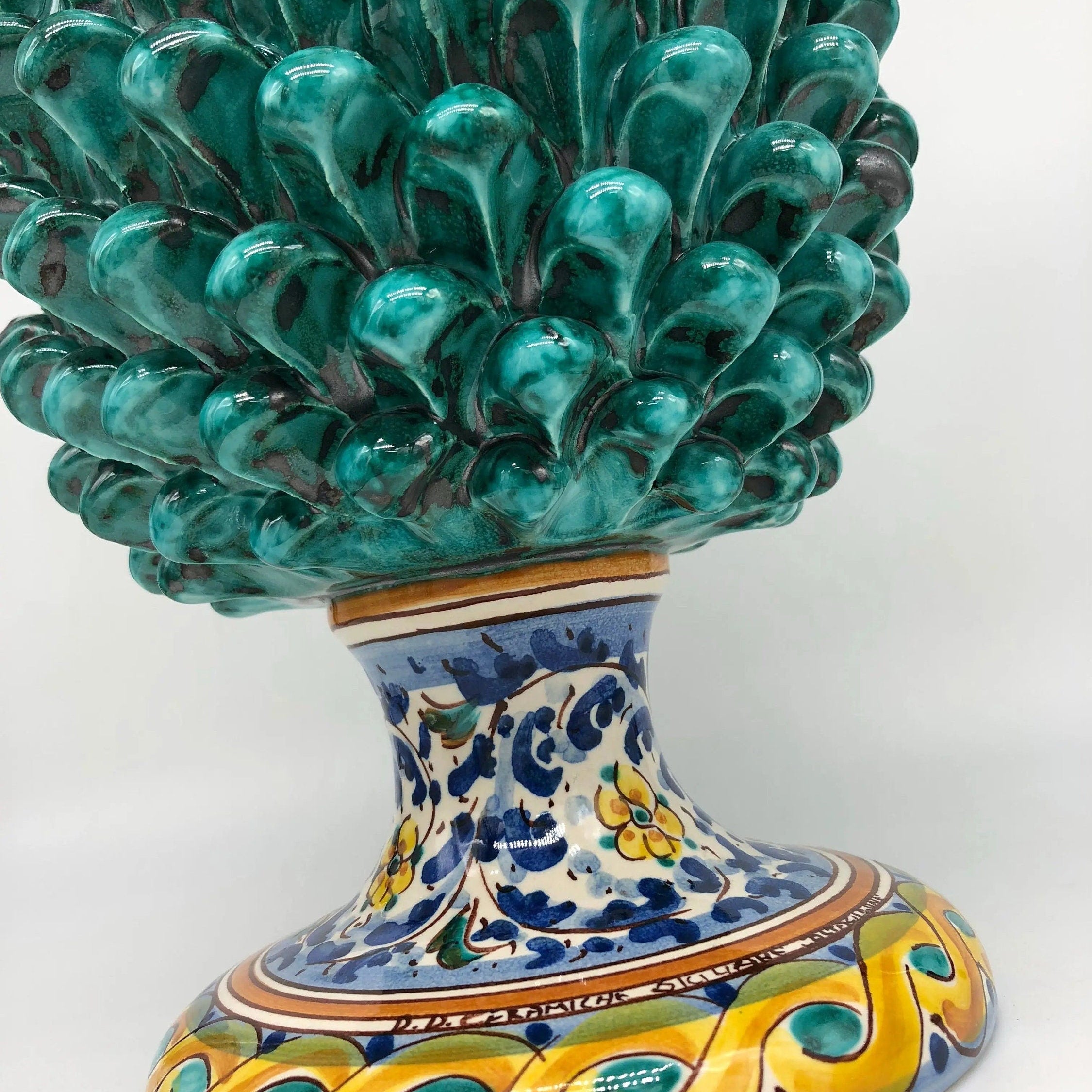 Pigna Ceramica Caltagirone cm H.35 Artigianale Verde Acqua Base Decorata Fiori DD CERAMICHE SICILIANE