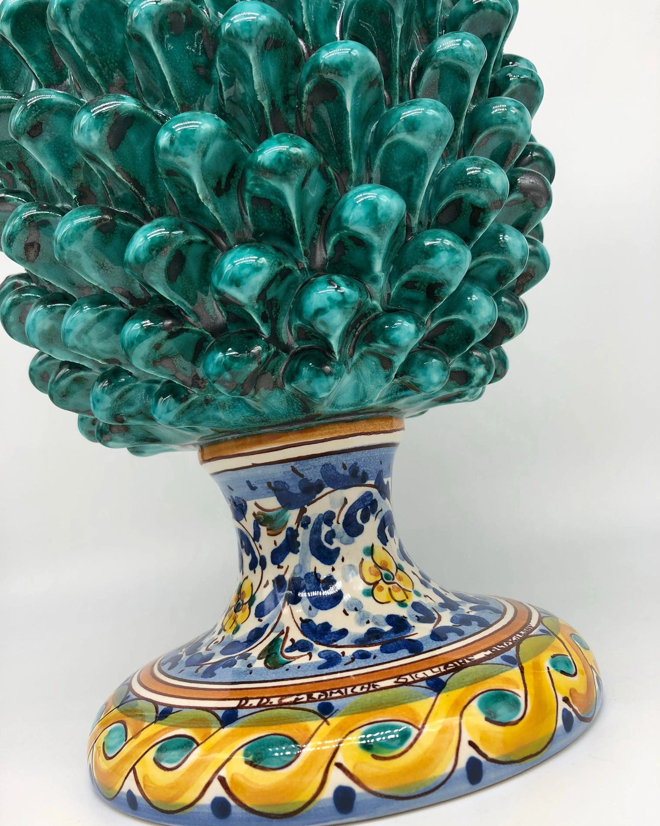 Pigna Ceramica Caltagirone cm H.35 Artigianale Verde Acqua Base Decorata Fiori DD CERAMICHE SICILIANE