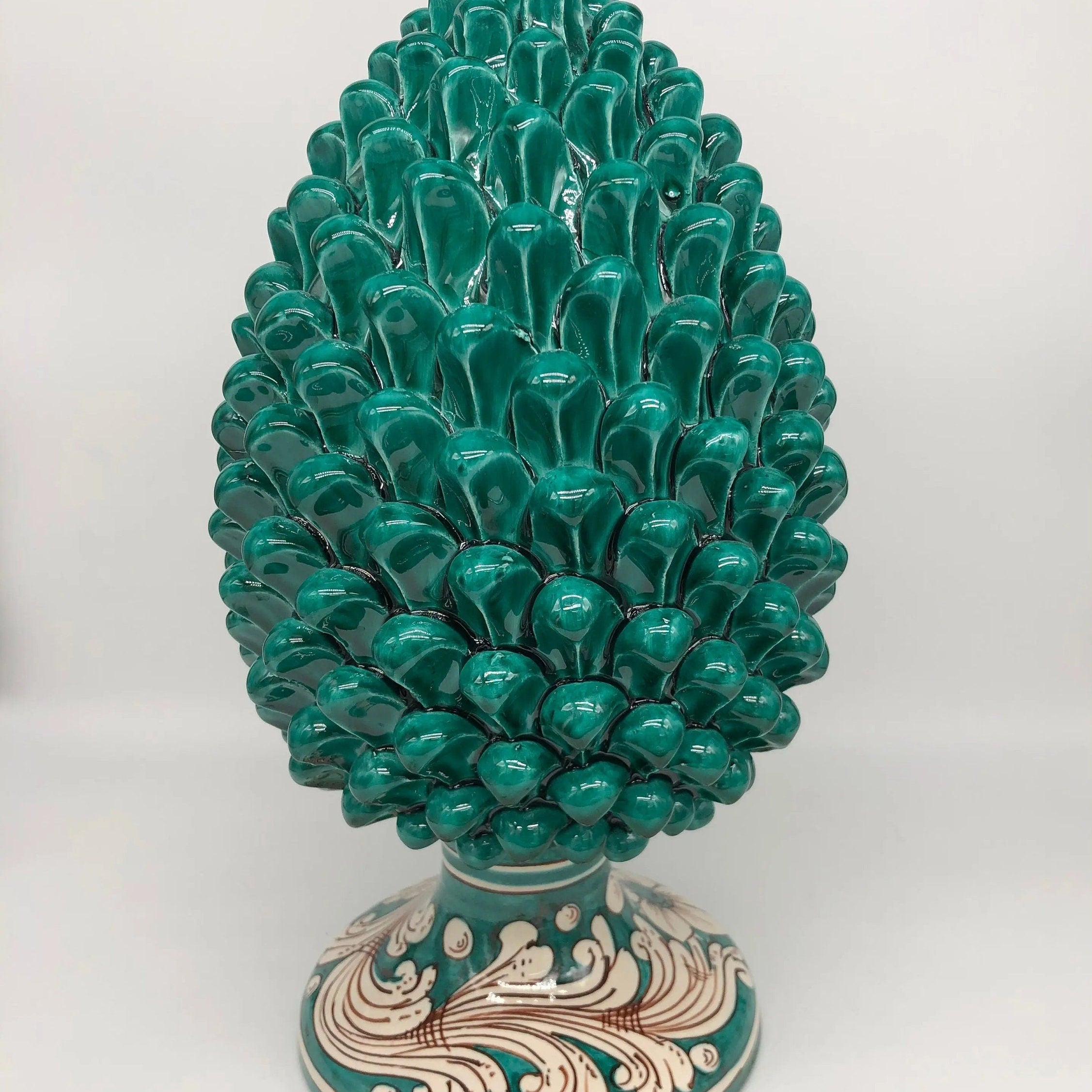 Pigna Ceramica Caltagirone cm H.35 Artigianale Verde Cristallo Base Decorata DD CERAMICHE SICILIANE