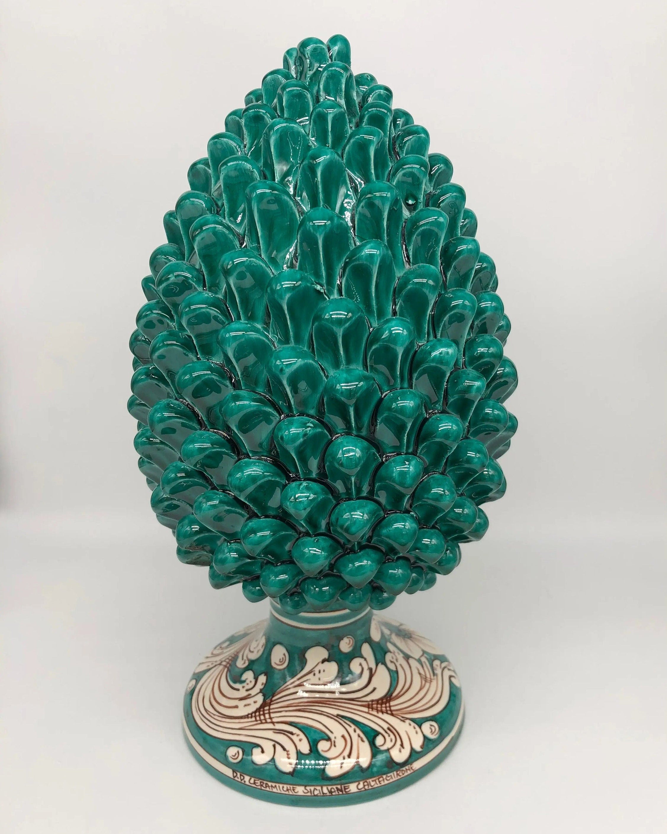 Pigna Ceramica Caltagirone cm H.35 Artigianale Verde Cristallo Base Decorata DD CERAMICHE SICILIANE