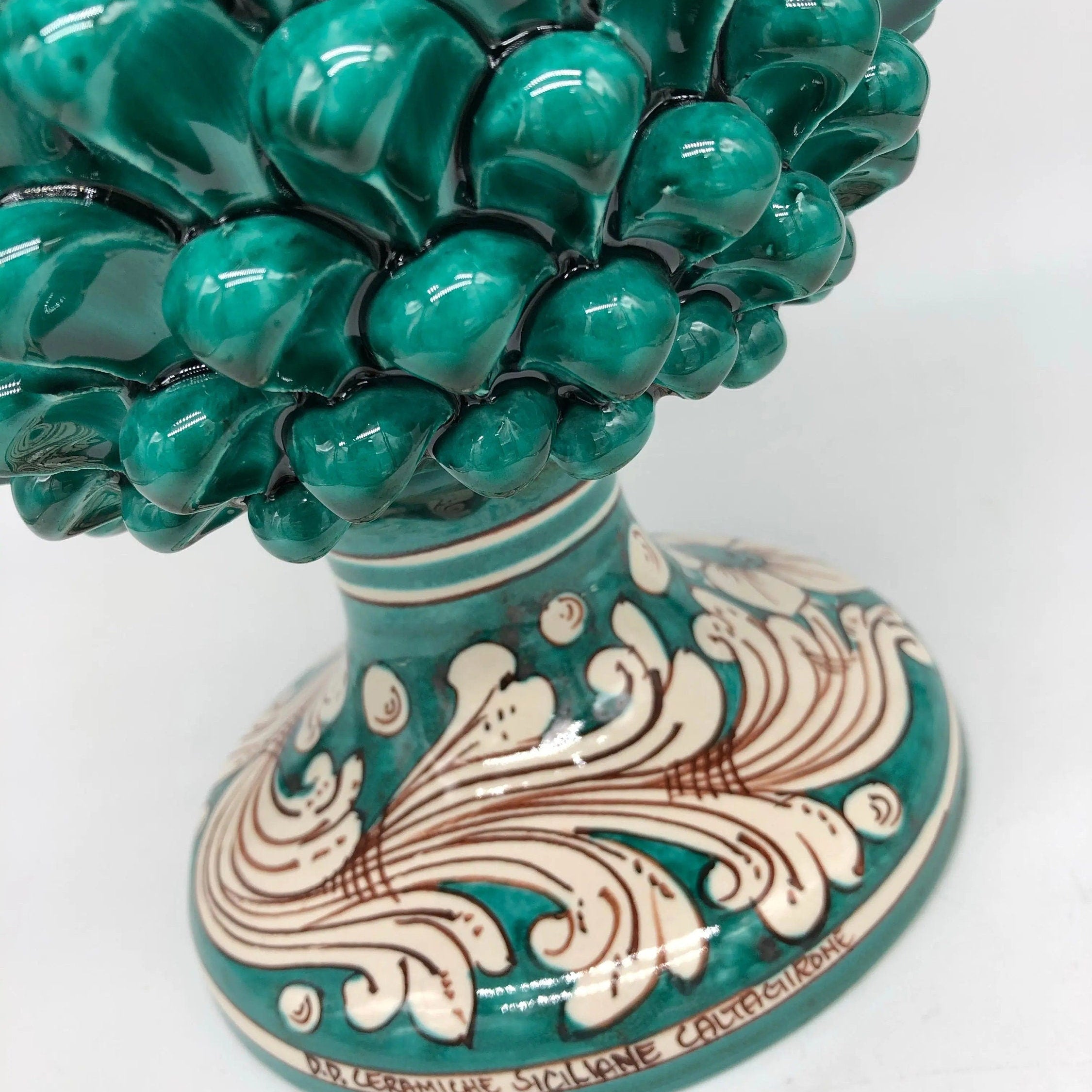 Pigna Ceramica Caltagirone cm H.35 Artigianale Verde Cristallo Base Decorata DD CERAMICHE SICILIANE