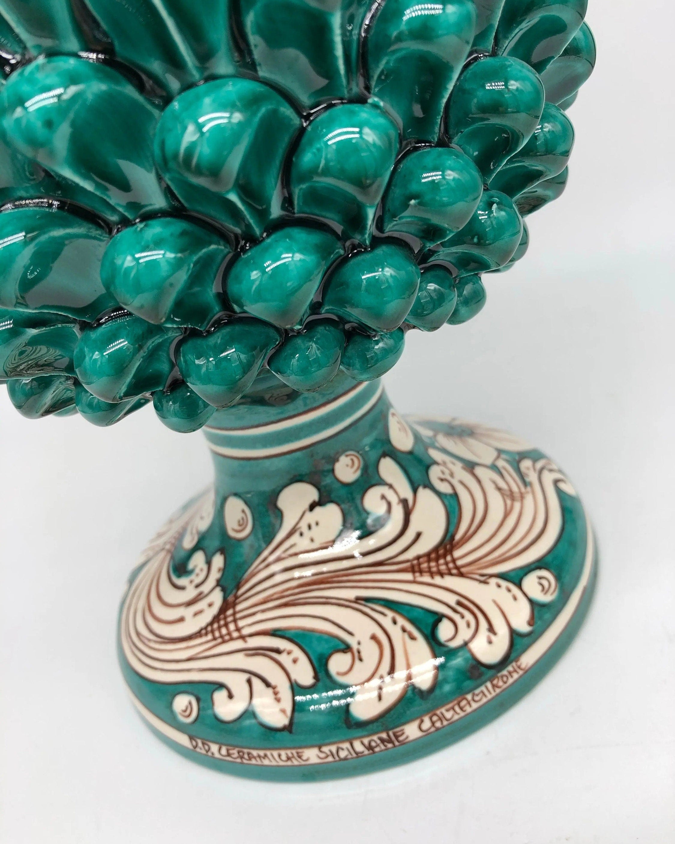 Pigna Ceramica Caltagirone cm H.35 Artigianale Verde Cristallo Base Decorata DD CERAMICHE SICILIANE
