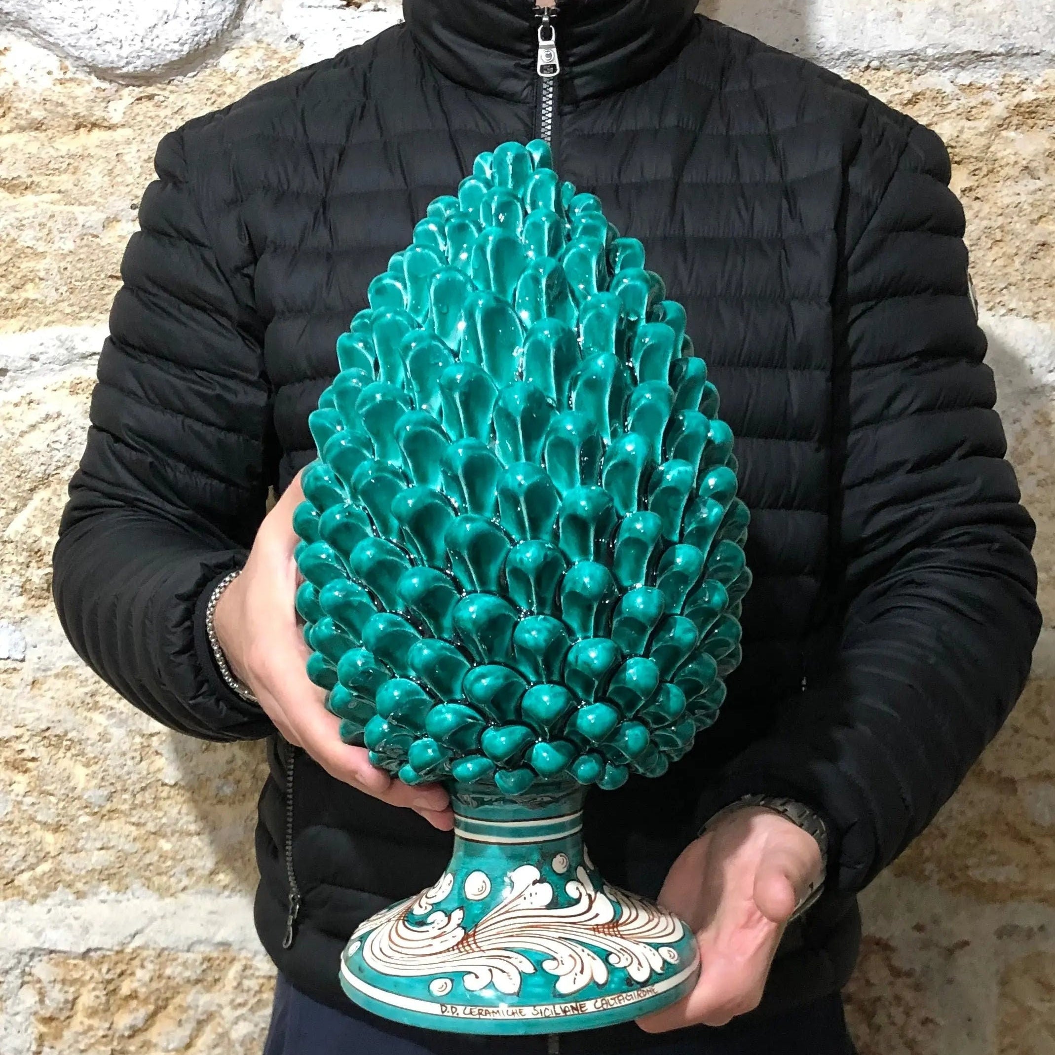 Pigna Ceramica Caltagirone cm H.35 Artigianale Verde Cristallo Base Decorata DD CERAMICHE SICILIANE