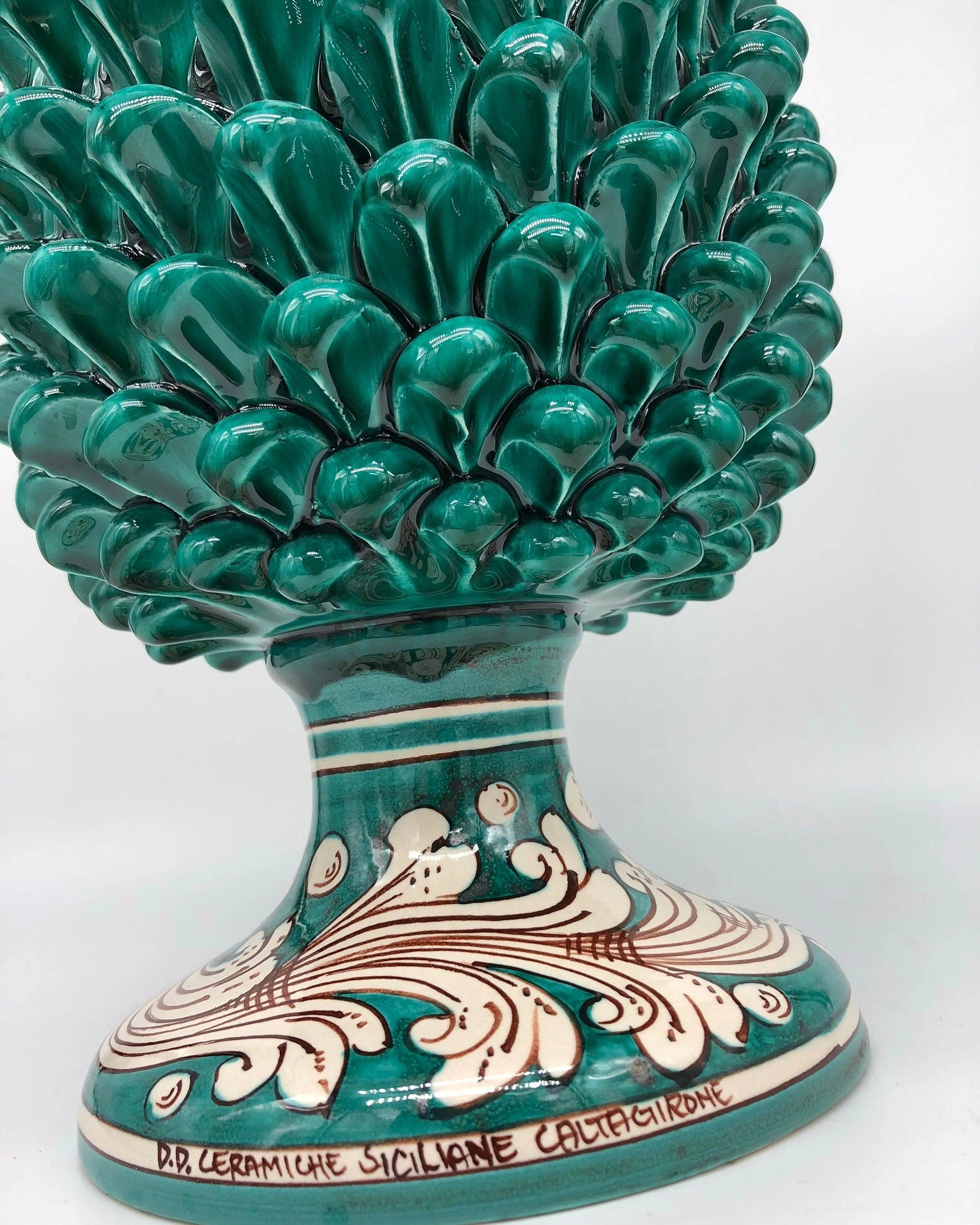 Pigna Ceramica Caltagirone cm H.35 Artigianale Verde Cristallo Base Decorata DD CERAMICHE SICILIANE