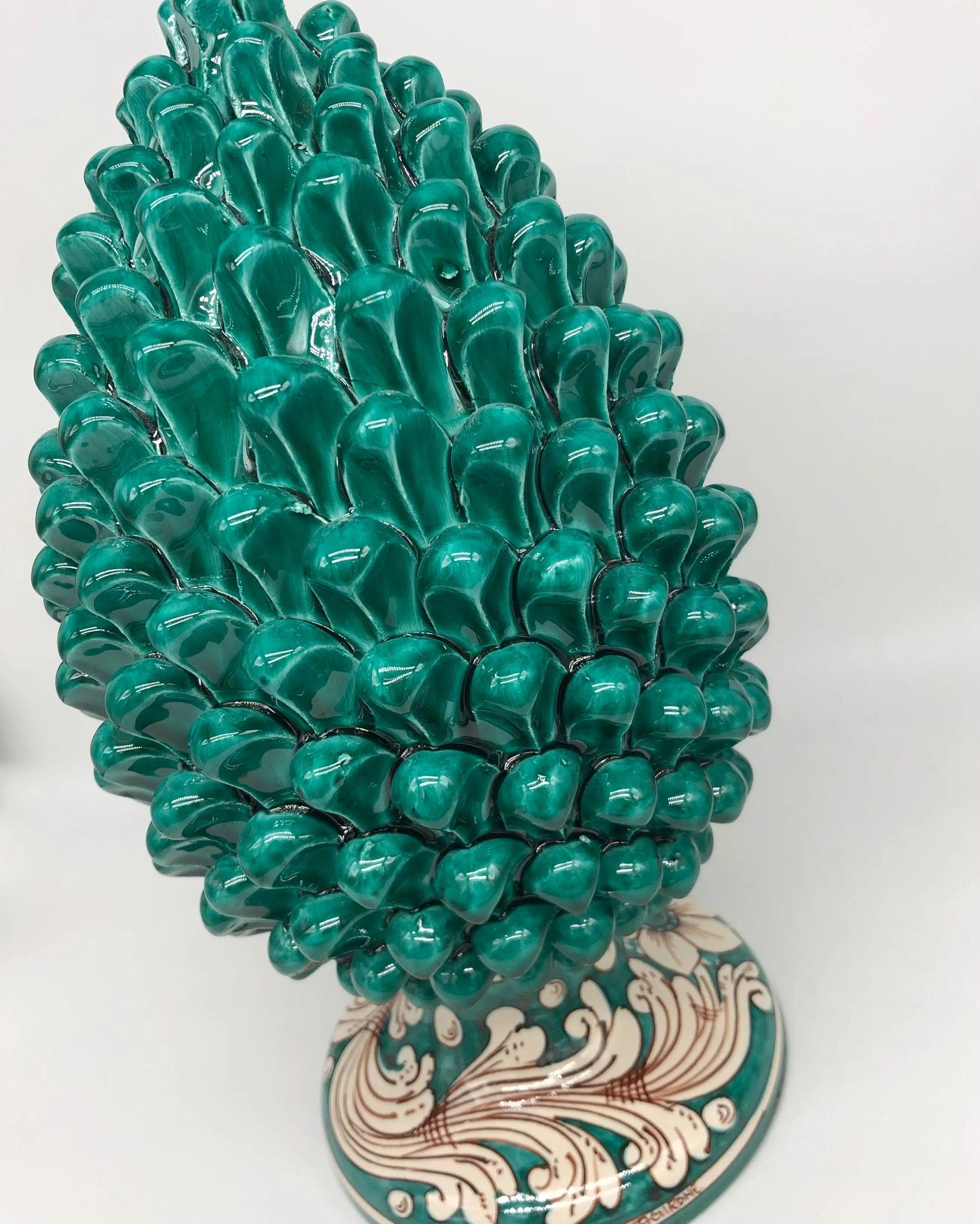 Pigna Ceramica Caltagirone cm H.35 Artigianale Verde Cristallo Base Decorata DD CERAMICHE SICILIANE