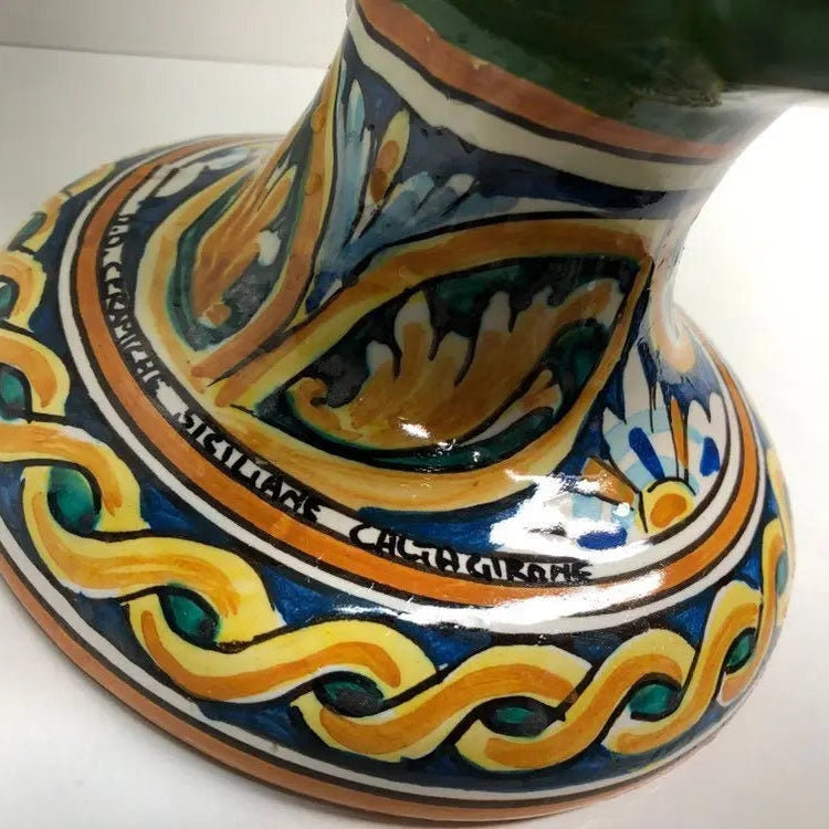 Pigna Ceramica Caltagirone cm H.35 Artigianale Verde Prato Base Decorata DD CERAMICHE SICILIANE