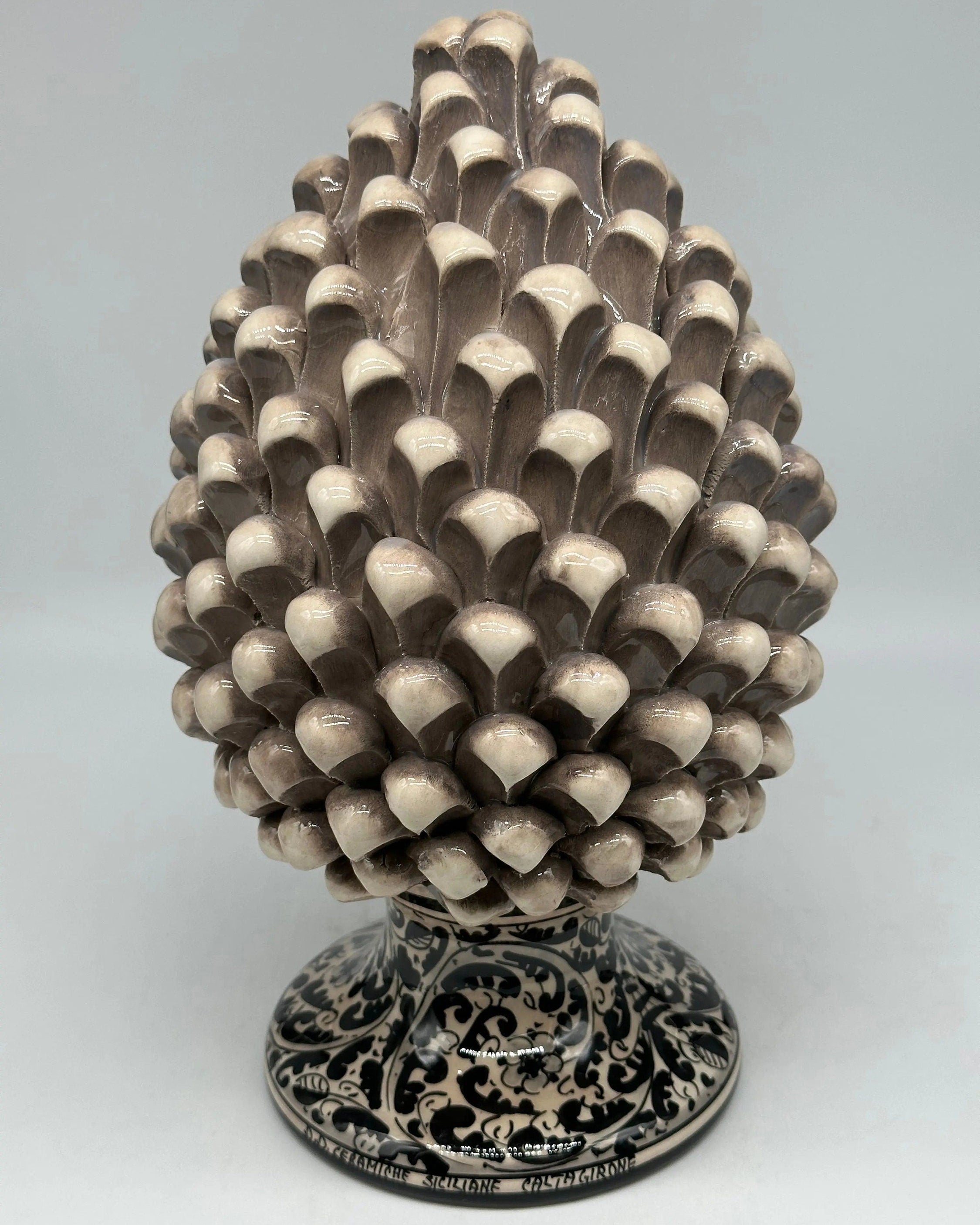 Pigna Ceramica Caltagirone cm H.40 Artigianale Beige con Base Decorata Nero DD CERAMICHE SICILIANE