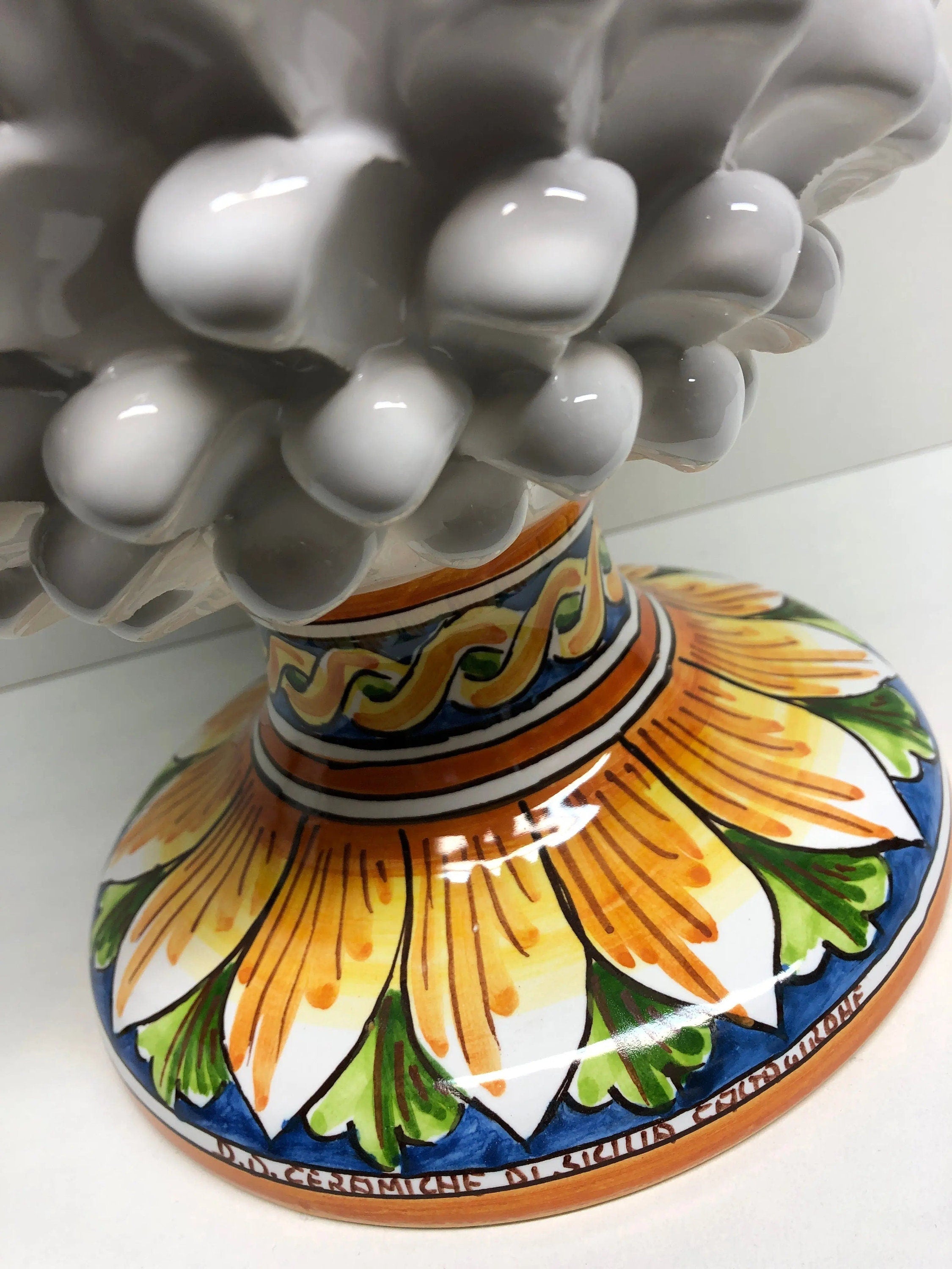 Pigna Ceramica Caltagirone cm H.40 Artigianale Bianco con Base Decorata DD CERAMICHE SICILIANE
