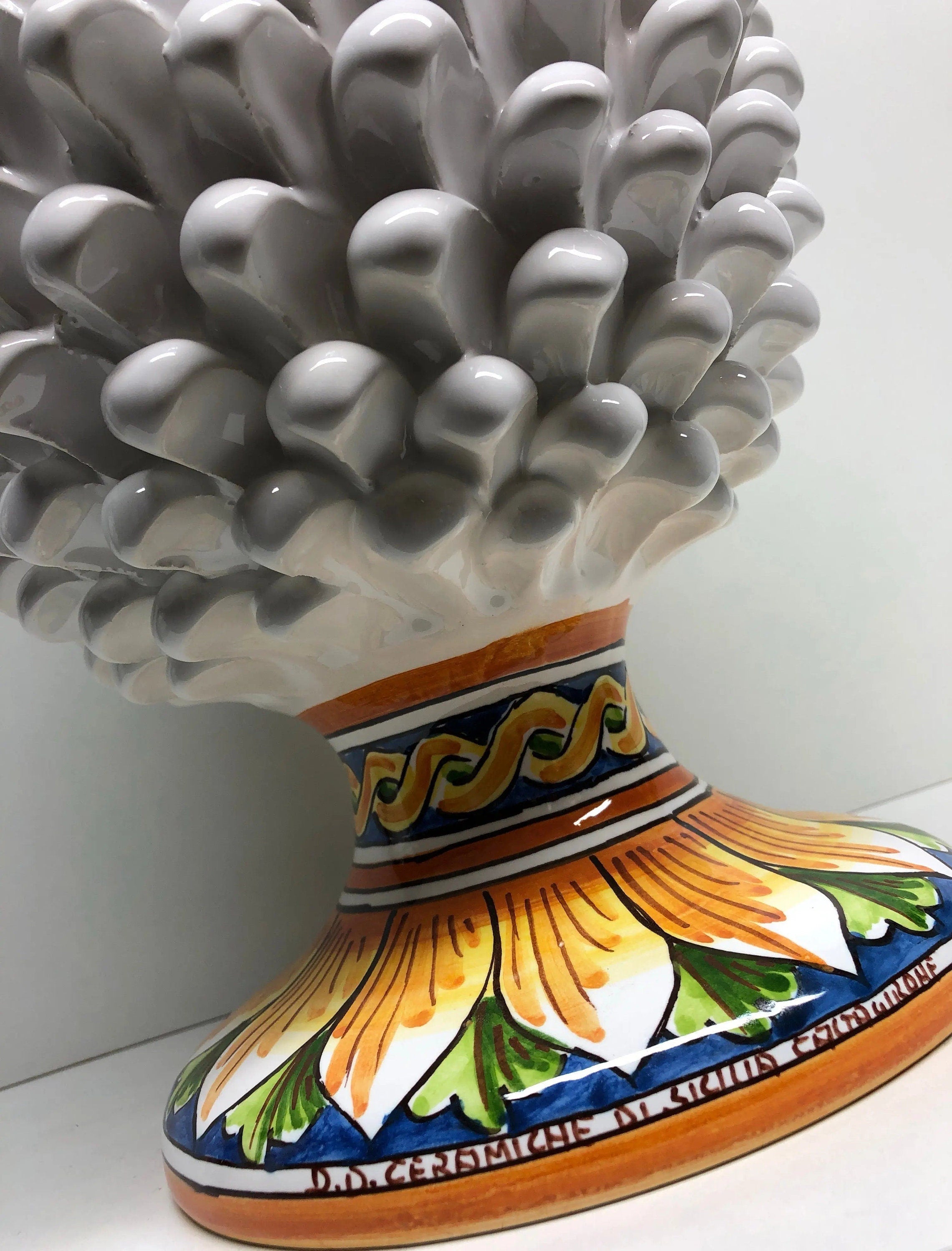 Pigna Ceramica Caltagirone cm H.40 Artigianale Bianco con Base Decorata DD CERAMICHE SICILIANE