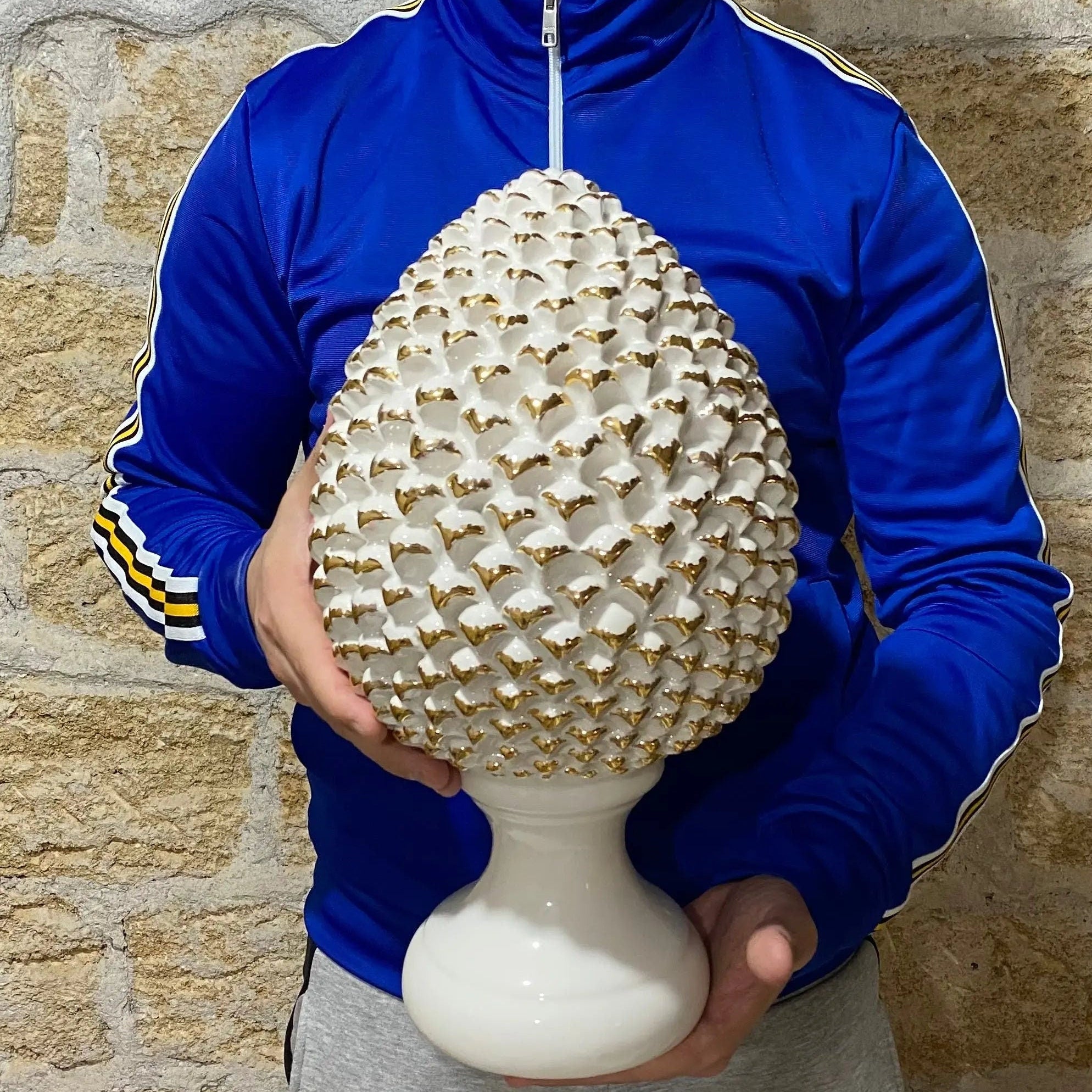 Pigna Ceramica Caltagirone cm H.40 Artigianale Bianco Oro Linea Luis DD CERAMICHE SICILIANE