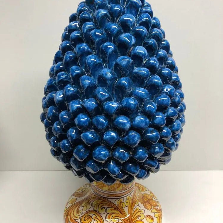 Pigna Ceramica Caltagirone cm H.40 Artigianale Blu Antico Base Decorata su fondo Bianco DD CERAMICHE SICILIANE