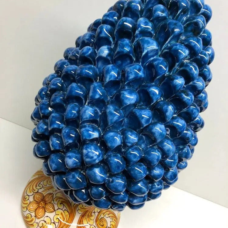 Pigna Ceramica Caltagirone cm H.40 Artigianale Blu Antico Base Decorata su fondo Bianco DD CERAMICHE SICILIANE