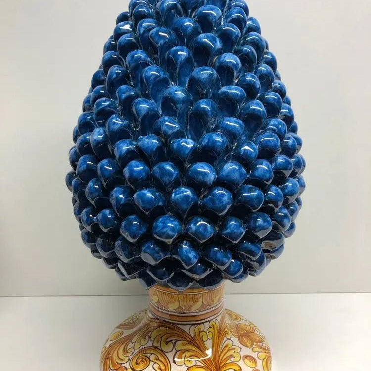 Pigna Ceramica Caltagirone cm H.40 Artigianale Blu Antico Base Decorata su fondo Bianco DD CERAMICHE SICILIANE
