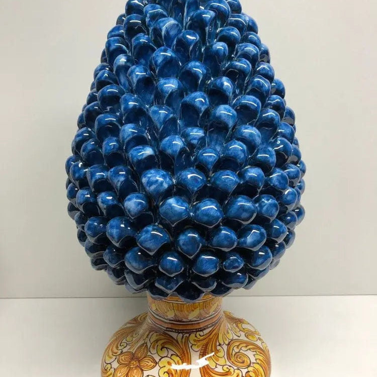 Pigna Ceramica Caltagirone cm H.40 Artigianale Blu Antico Base Decorata su fondo Bianco DD CERAMICHE SICILIANE