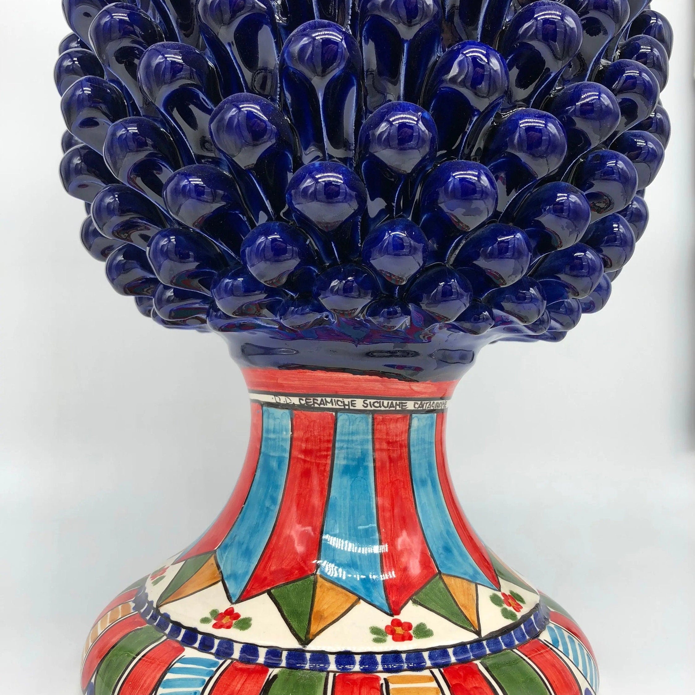 Pigna Ceramica Caltagirone cm H.40 Artigianale Blu Base Decorata 2021 DD CERAMICHE SICILIANE
