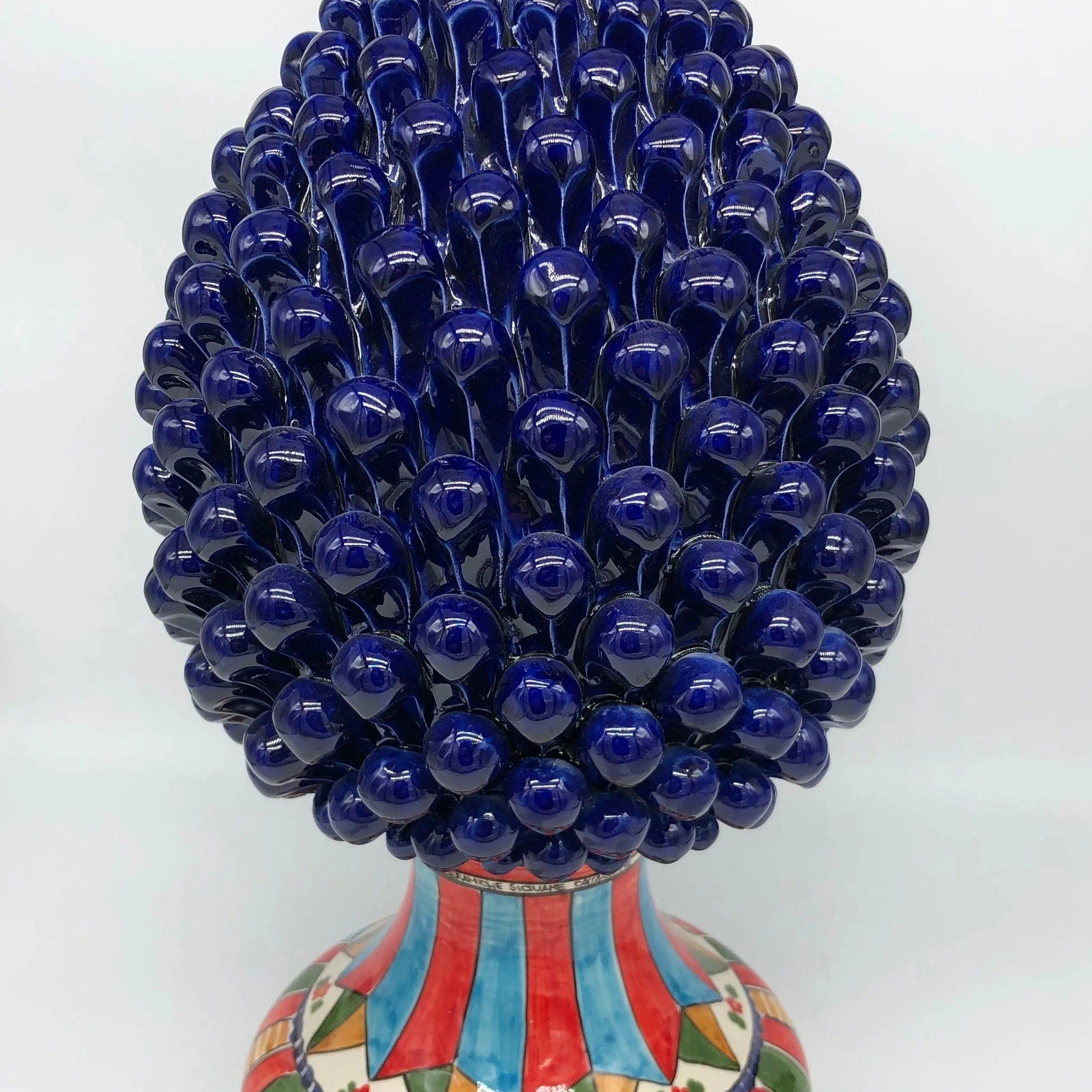 Pigna Ceramica Caltagirone cm H.40 Artigianale Blu Base Decorata 2021 DD CERAMICHE SICILIANE