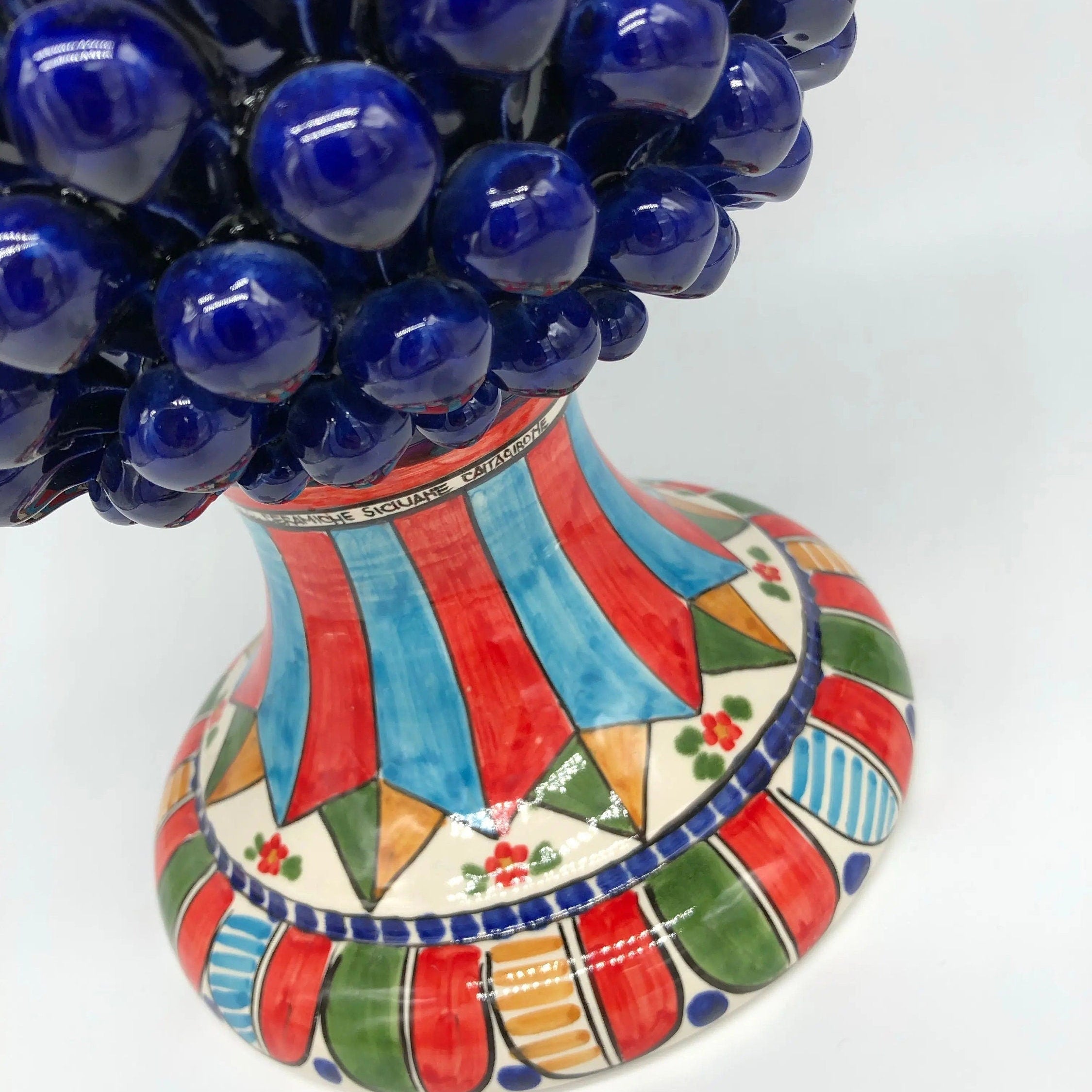 Pigna Ceramica Caltagirone cm H.40 Artigianale Blu Base Decorata 2021 DD CERAMICHE SICILIANE