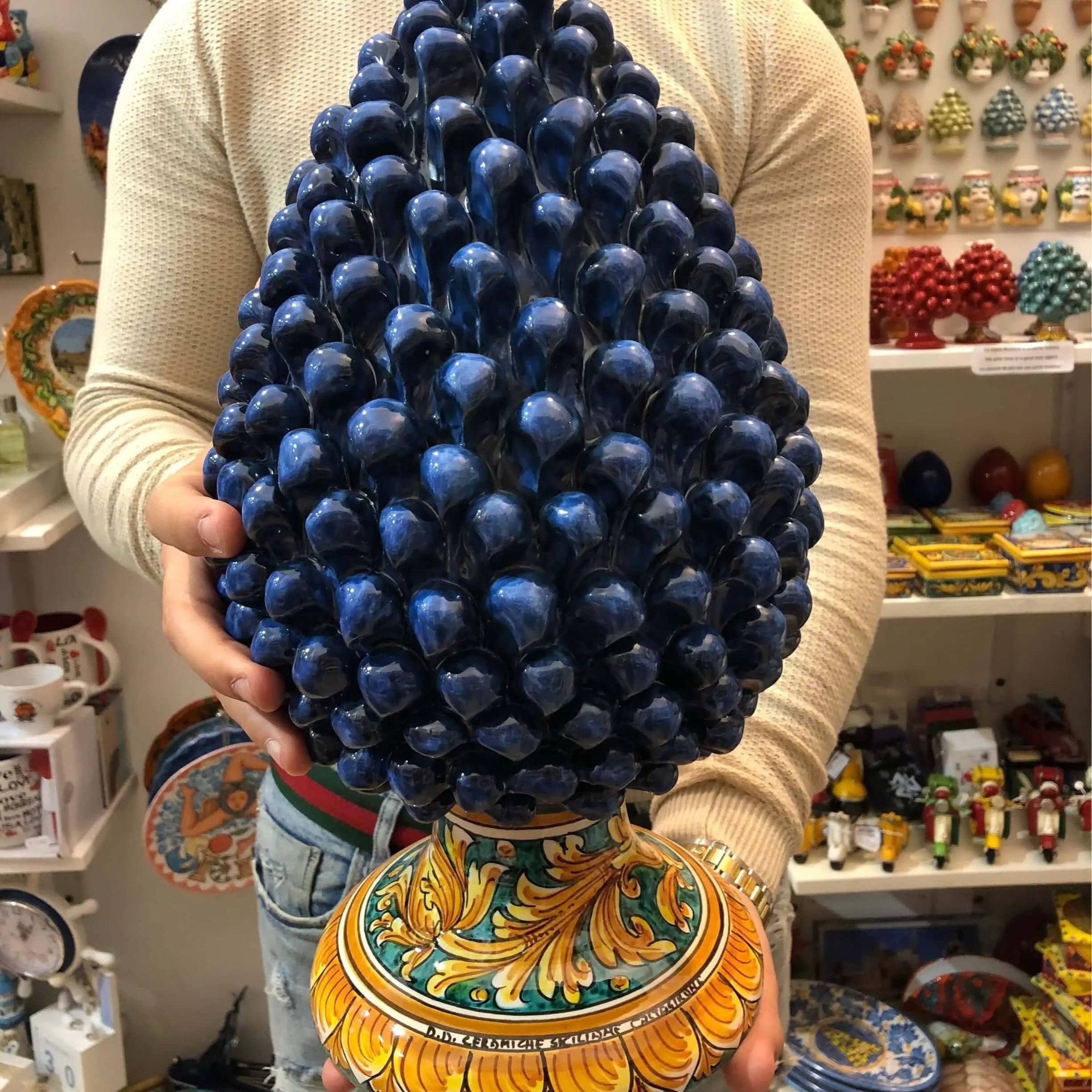 Pigna Ceramica Caltagirone cm H.40 Artigianale Blu Base Decorata DD CERAMICHE SICILIANE