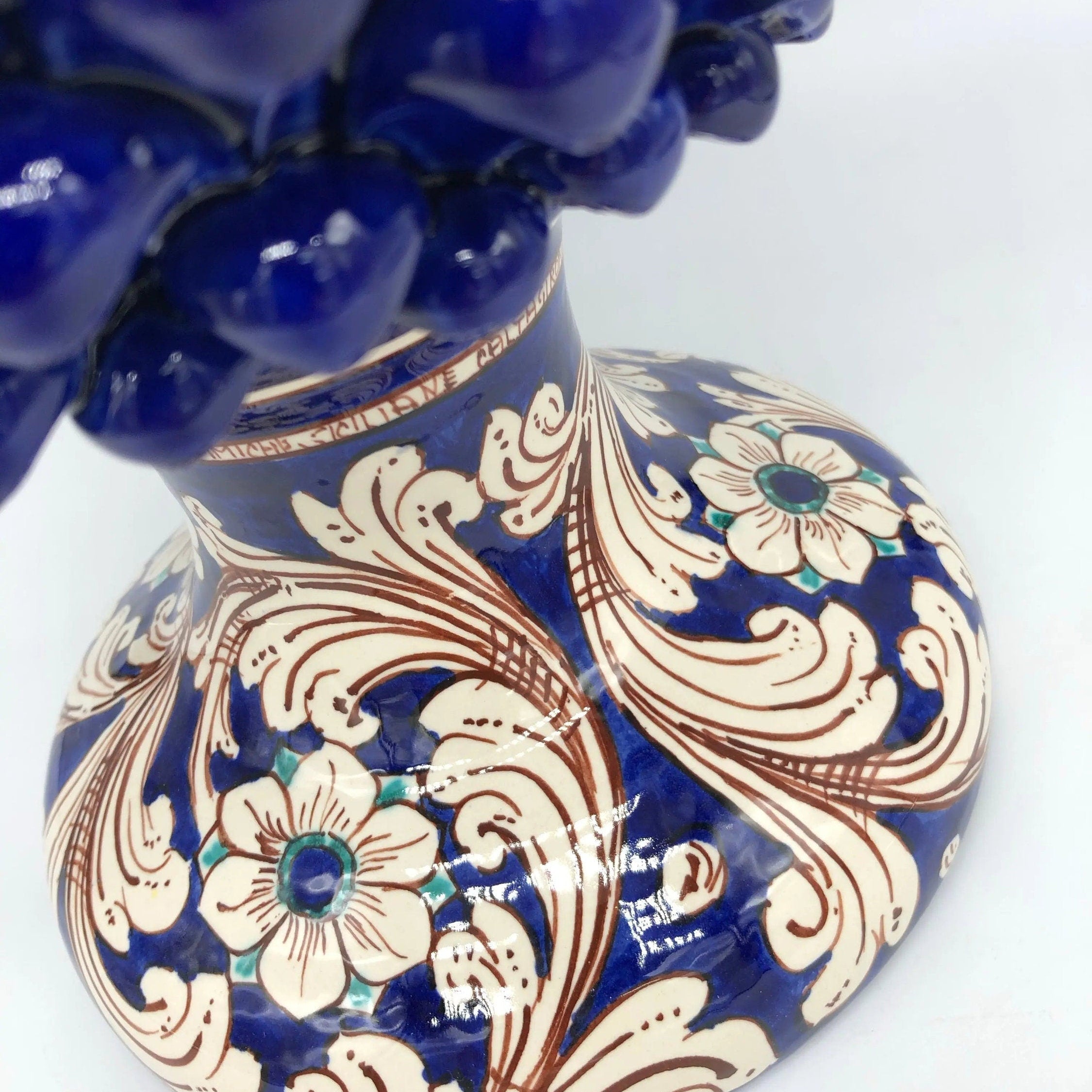 Pigna Ceramica Caltagirone cm H.40 Artigianale Blu Notte Base Decorata DD CERAMICHE SICILIANE