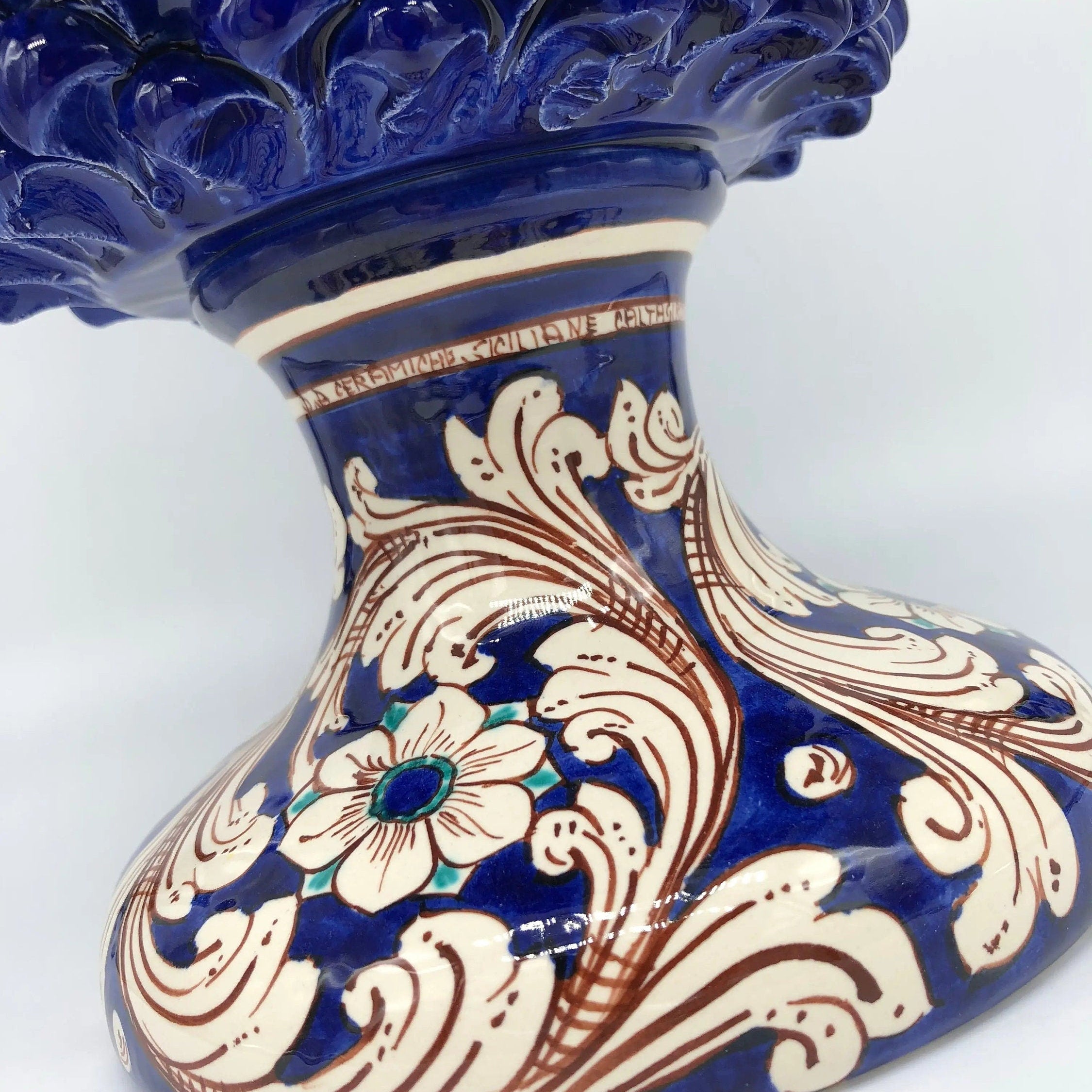 Pigna Ceramica Caltagirone cm H.40 Artigianale Blu Notte Base Decorata DD CERAMICHE SICILIANE