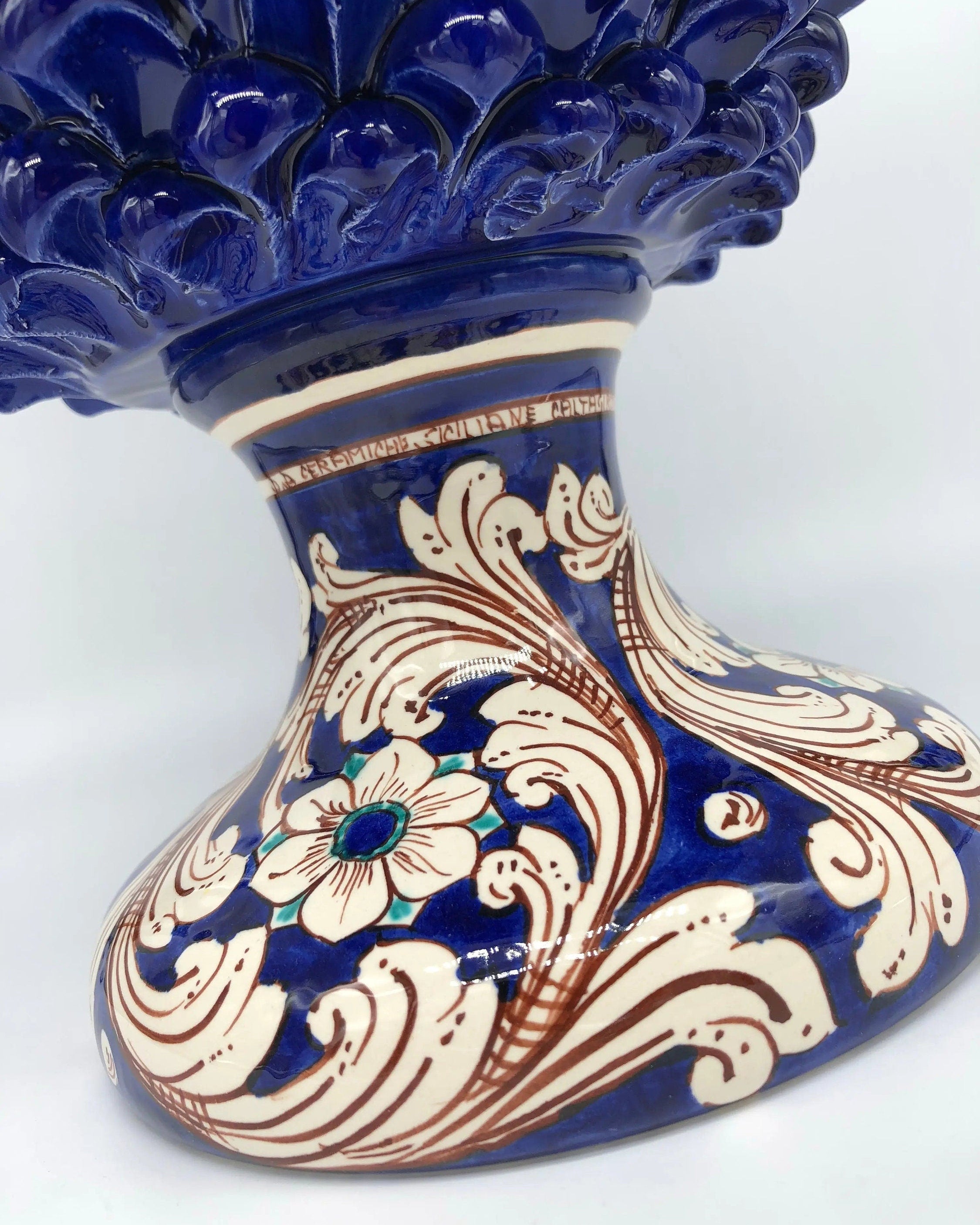 Pigna Ceramica Caltagirone cm H.40 Artigianale Blu Notte Base Decorata DD CERAMICHE SICILIANE
