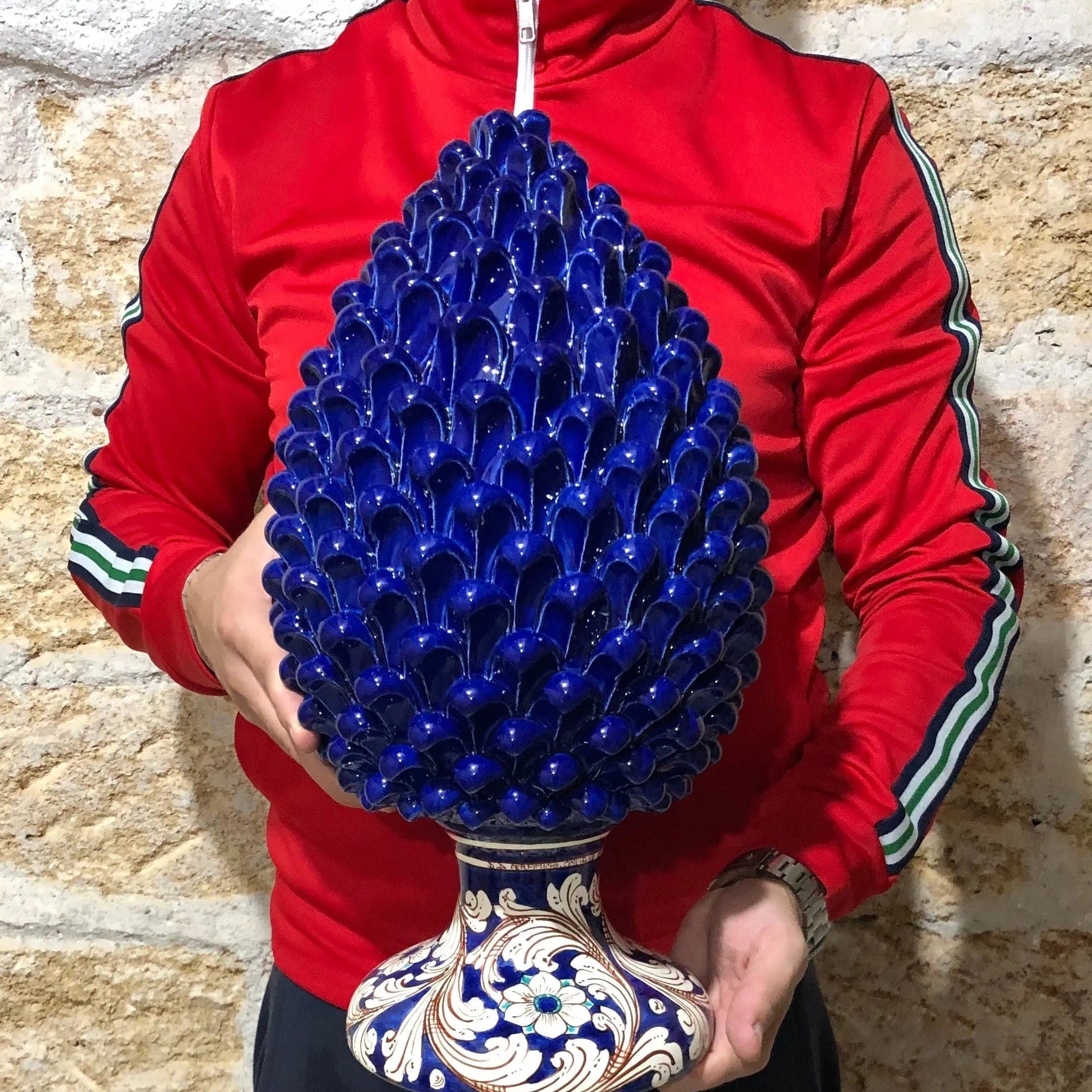 Pigna Ceramica Caltagirone cm H.40 Artigianale Blu Notte Base Decorata DD CERAMICHE SICILIANE