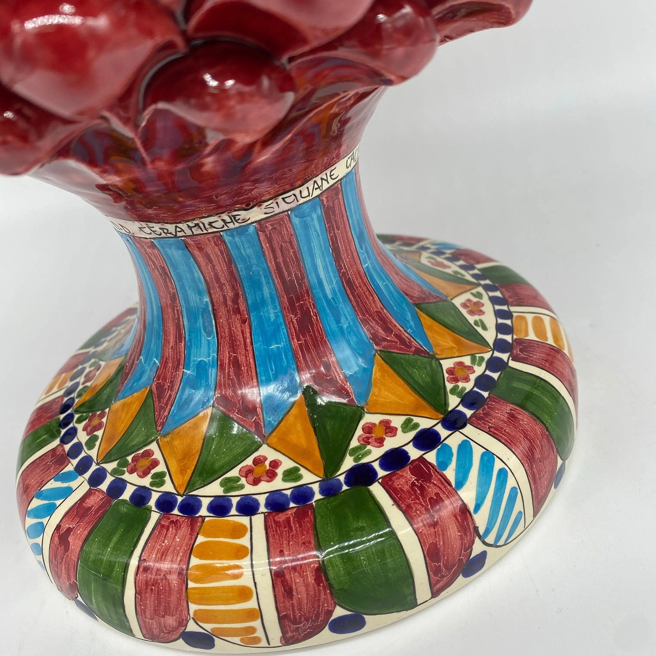 Pigna Ceramica Caltagirone cm H.40 Artigianale Bordeaux Base Decorata 2021 DD CERAMICHE SICILIANE