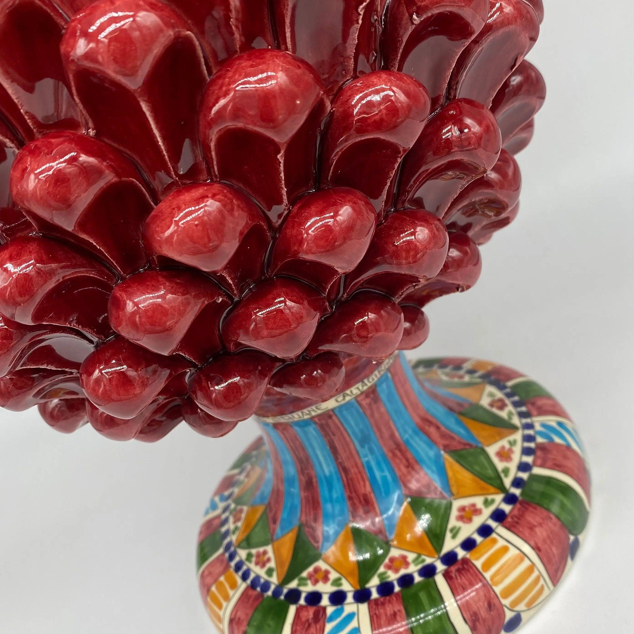 Pigna Ceramica Caltagirone cm H.40 Artigianale Bordeaux Base Decorata 2021 DD CERAMICHE SICILIANE