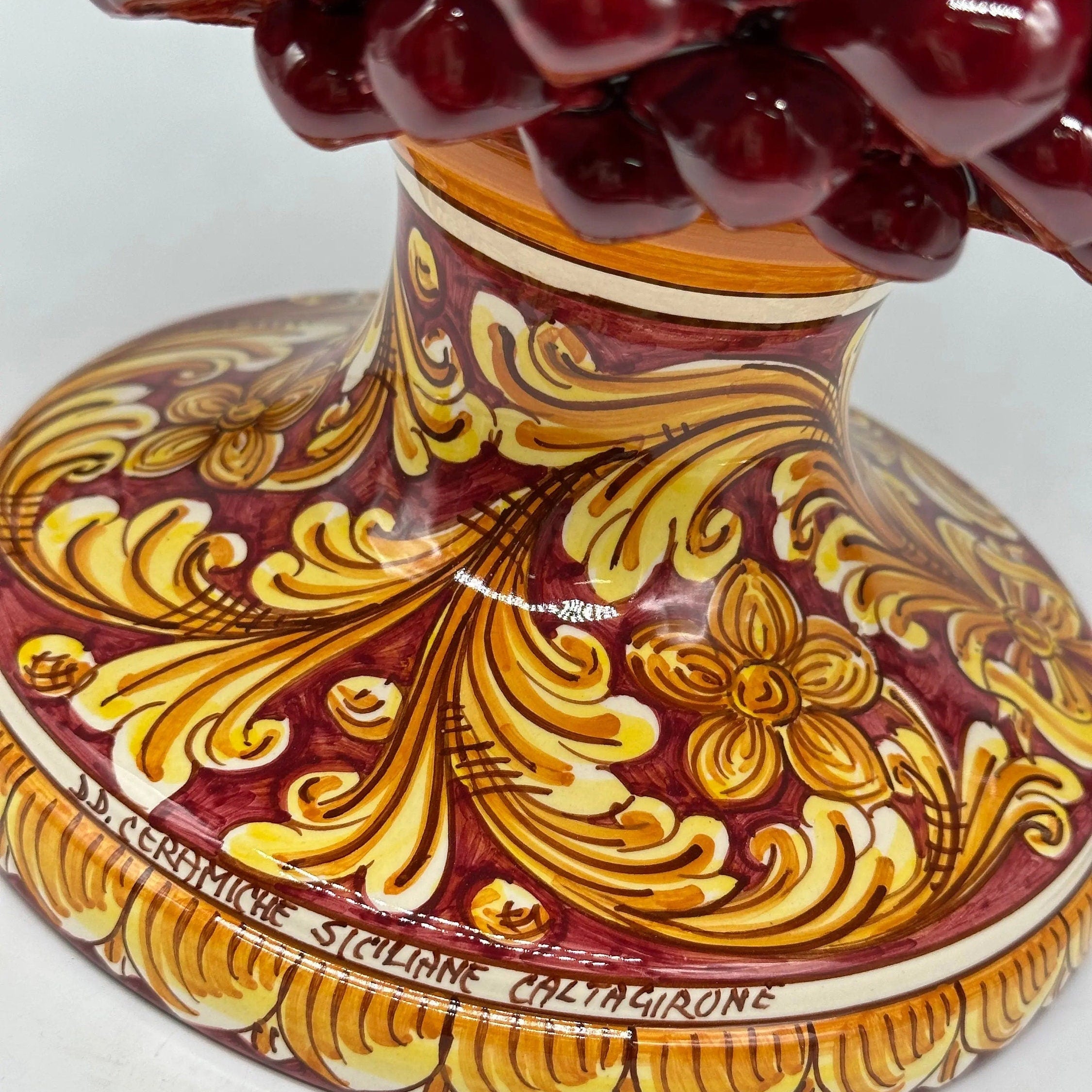 Pigna Ceramica Caltagirone cm H.40 Artigianale Bordeaux Base Decorata DD CERAMICHE SICILIANE