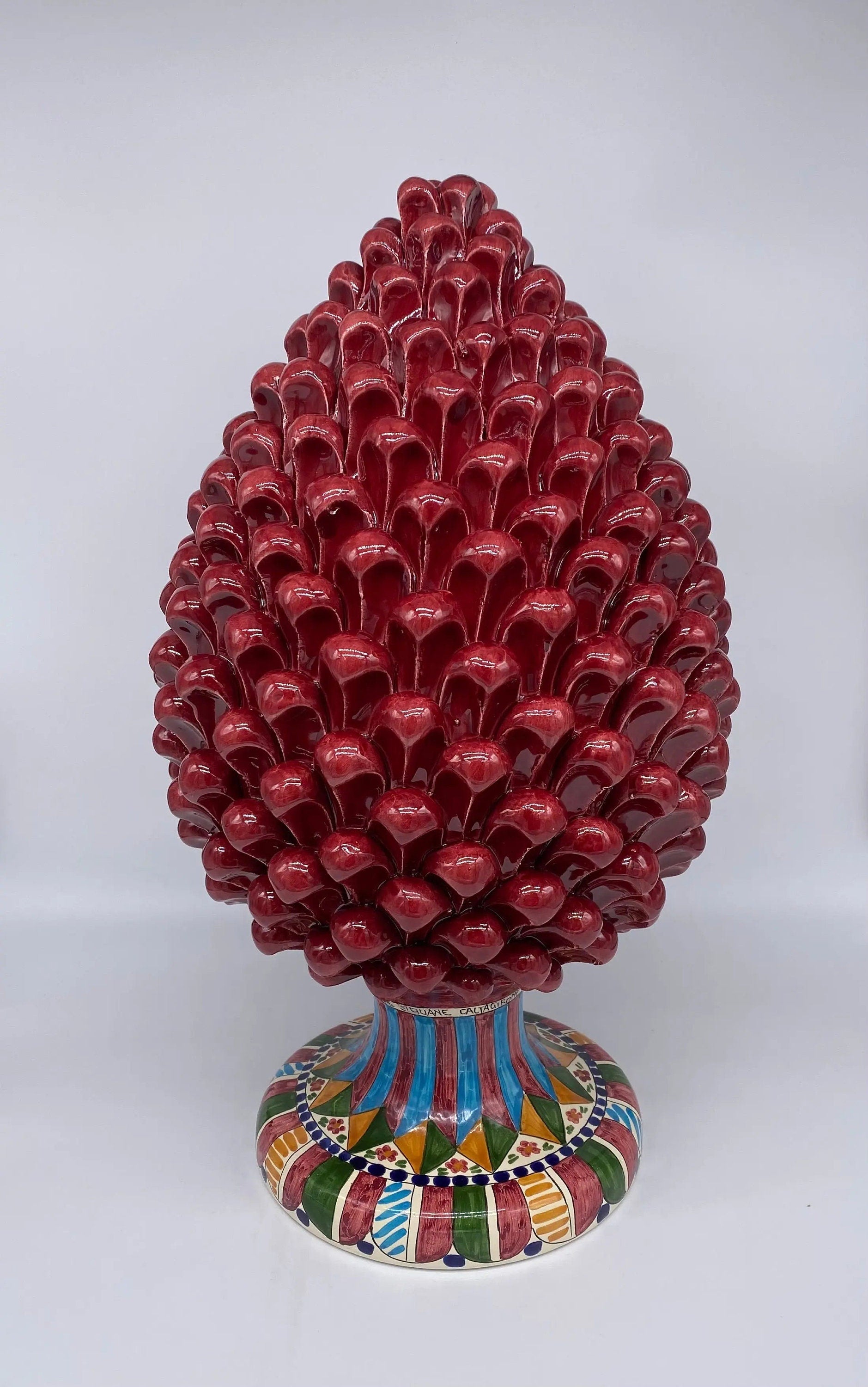 Pigna Ceramica Caltagirone cm H.40 Artigianale Bordeaux Base Decorata 2021 DD CERAMICHE SICILIANE