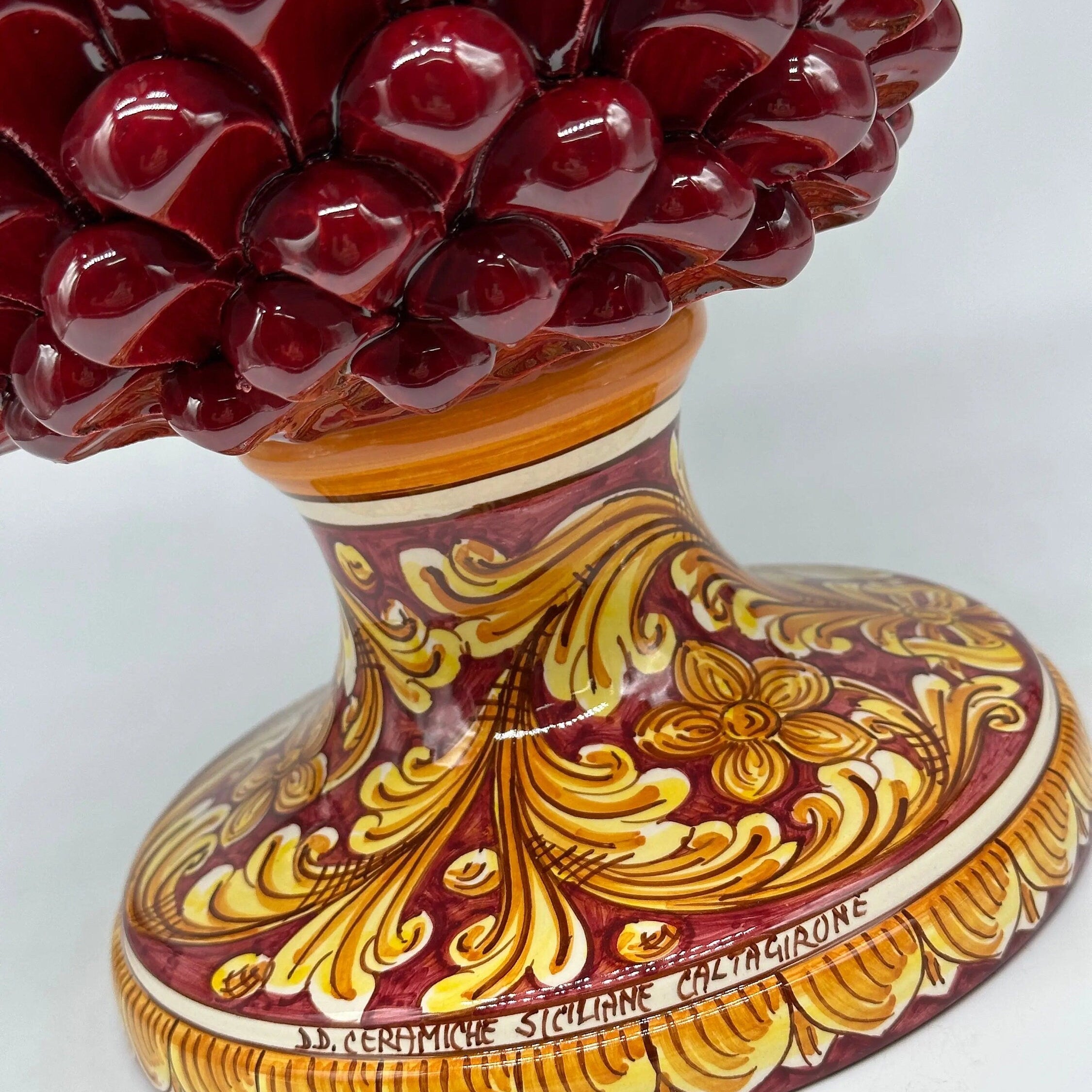 Pigna Ceramica Caltagirone cm H.40 Artigianale Bordeaux Base Decorata DD CERAMICHE SICILIANE