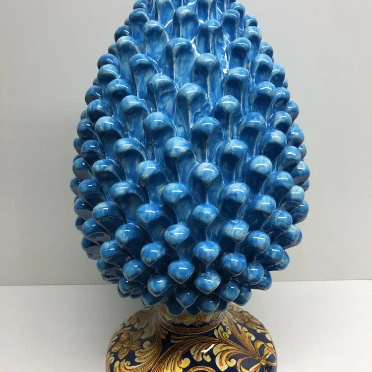 Pigna Ceramica Caltagirone cm H.40 Artigianale Celeste Base Decorata DD CERAMICHE SICILIANE