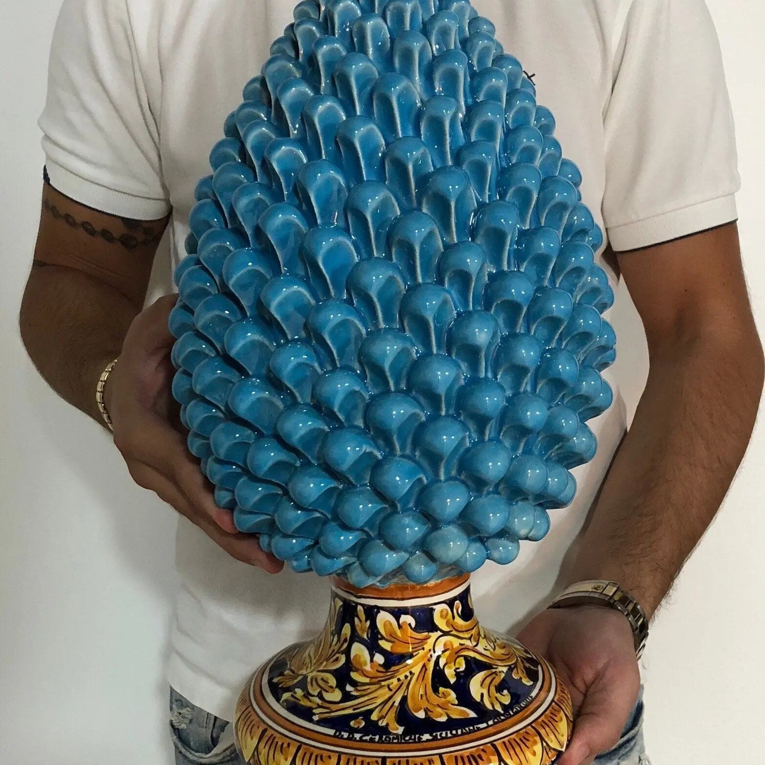 Pigna Ceramica Caltagirone cm H.40 Artigianale Celeste Base Decorata DD CERAMICHE SICILIANE