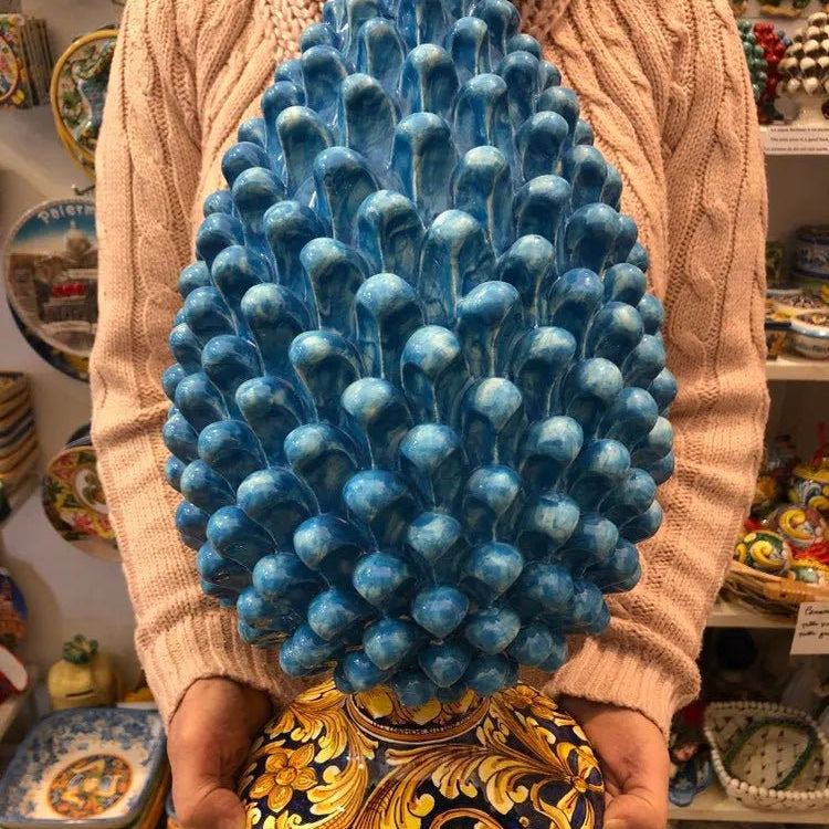 Pigna Ceramica Caltagirone cm H.40 Artigianale Celeste Base Decorata DD CERAMICHE SICILIANE