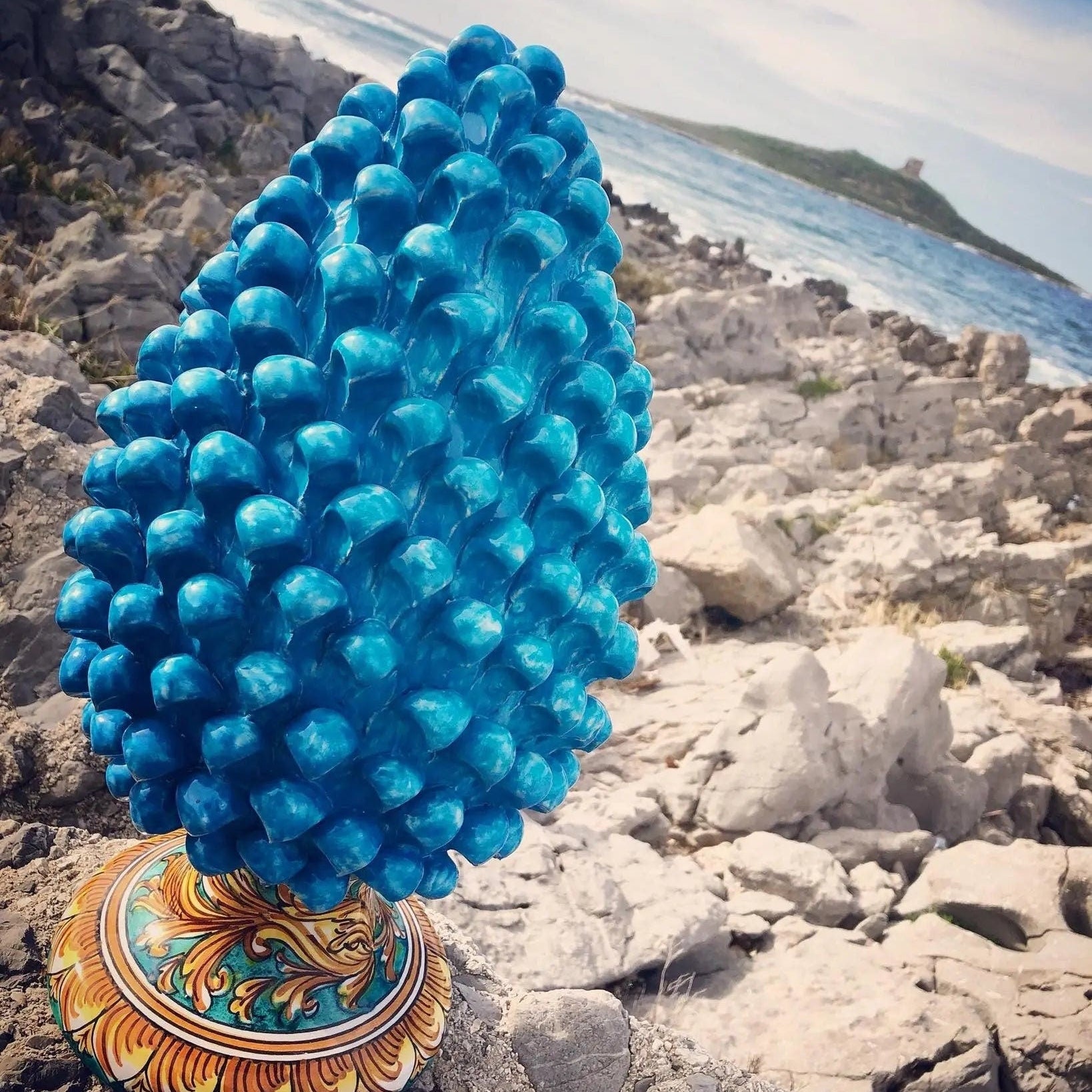 Pigna Ceramica Caltagirone cm H.40 Artigianale Celeste Base Decorata DD CERAMICHE SICILIANE