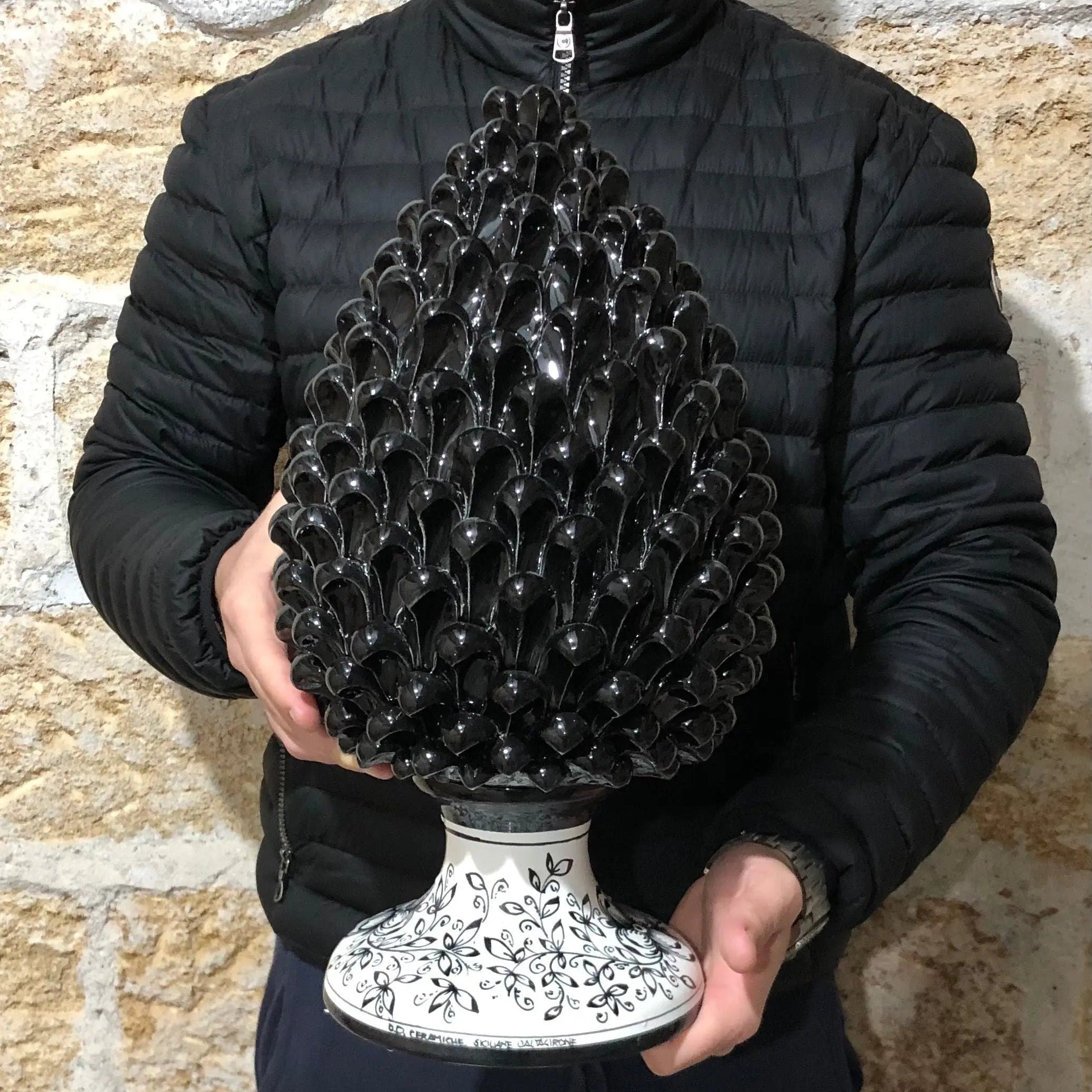 Pigna Ceramica Caltagirone cm H.40 Artigianale Nero Base Decorata DD CERAMICHE SICILIANE