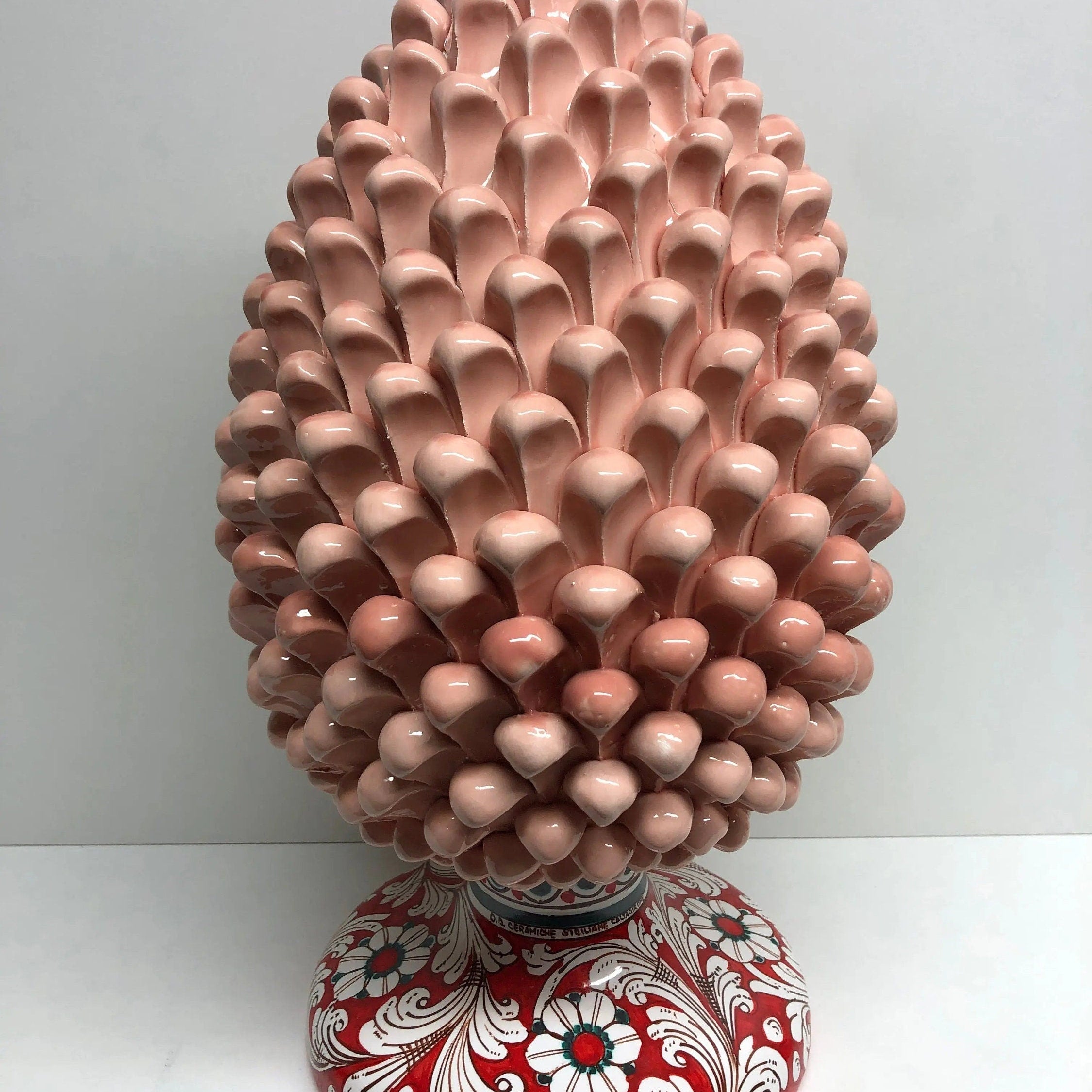 Pigna Ceramica Caltagirone cm H.40 Artigianale Rosa cipria Base Decorata Fiori DD CERAMICHE SICILIANE