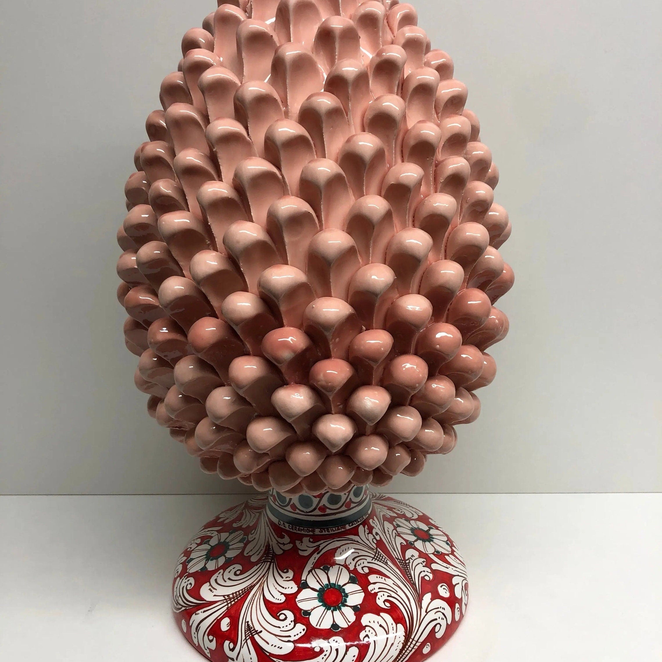 Pigna Ceramica Caltagirone cm H.40 Artigianale Rosa cipria Base Decorata Fiori DD CERAMICHE SICILIANE