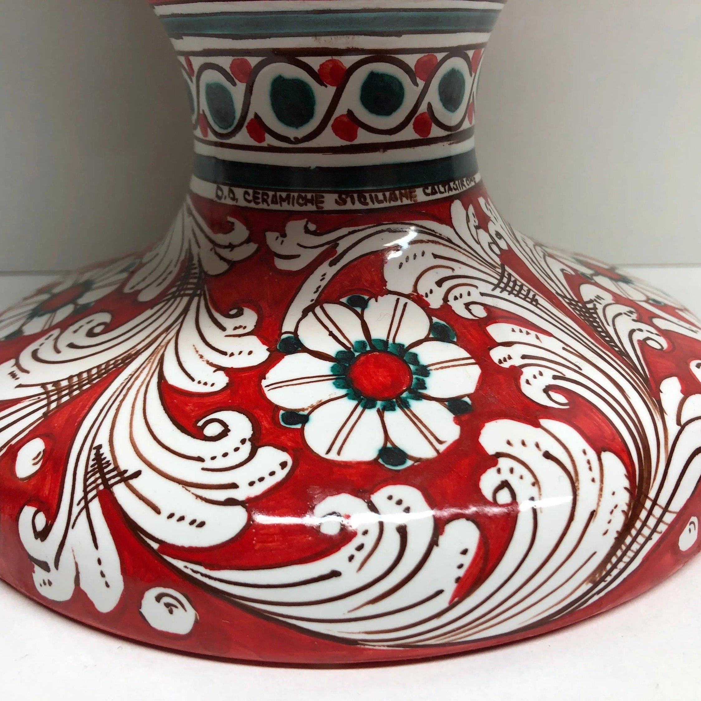 Pigna Ceramica Caltagirone cm H.40 Artigianale Rosa cipria Base Decorata Fiori DD CERAMICHE SICILIANE