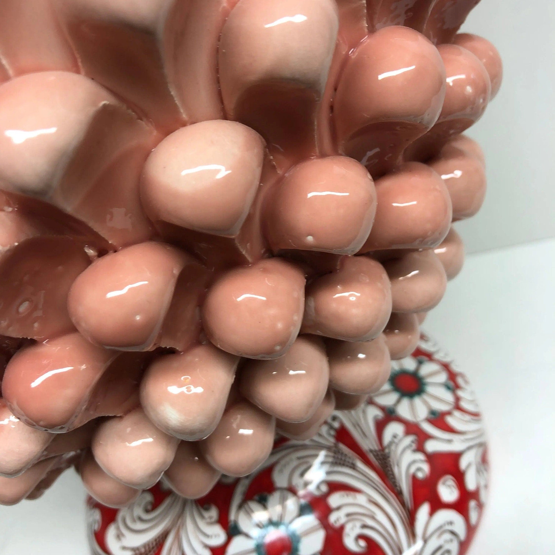Pigna Ceramica Caltagirone cm H.40 Artigianale Rosa cipria Base Decorata Fiori DD CERAMICHE SICILIANE