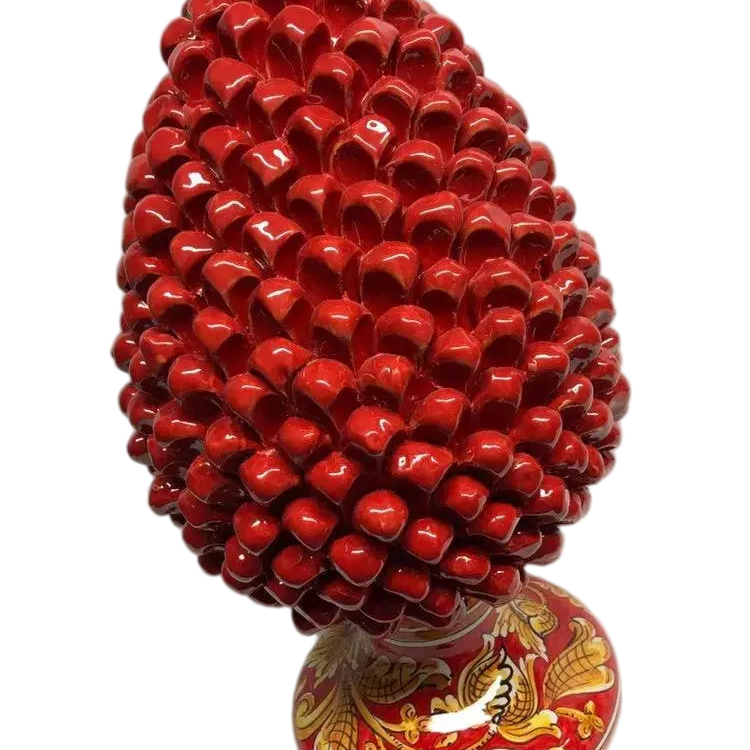 Pigna Ceramica Caltagirone cm H.40 Artigianale Rosso Base Decorata Giglio - DD CERAMICHE SICILIANE