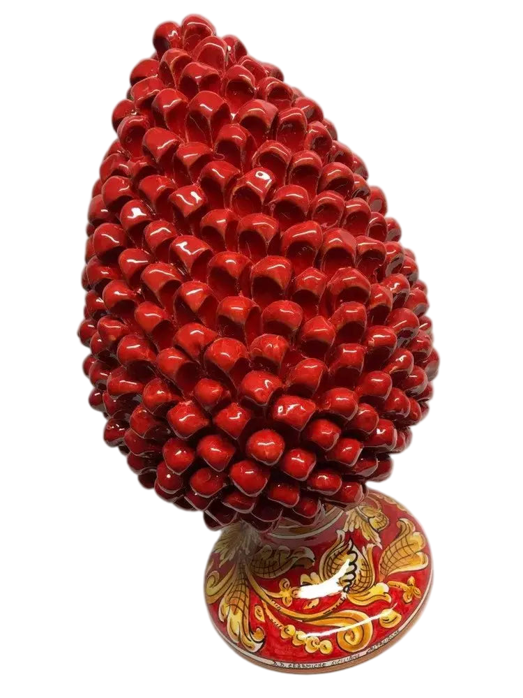 Pigna Ceramica Caltagirone cm H.40 Artigianale Rosso Base Decorata Giglio - DD CERAMICHE SICILIANE